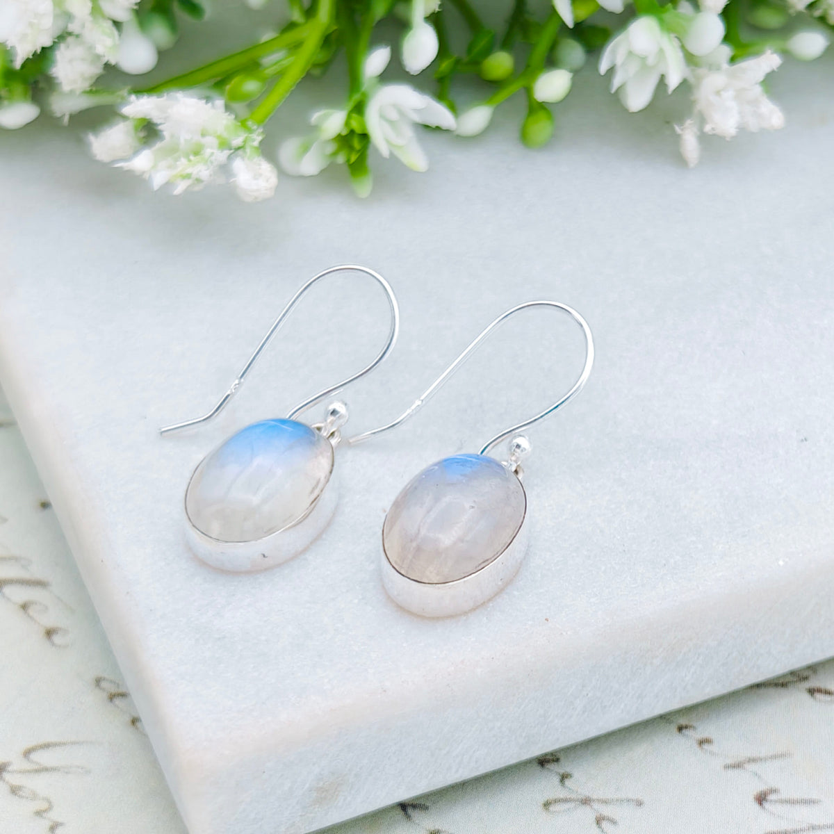 Hepburn and Hughes Rainbow Moonstone Earrings | 13mm Oval Gemstones | June Birthstone | Sterling Silver