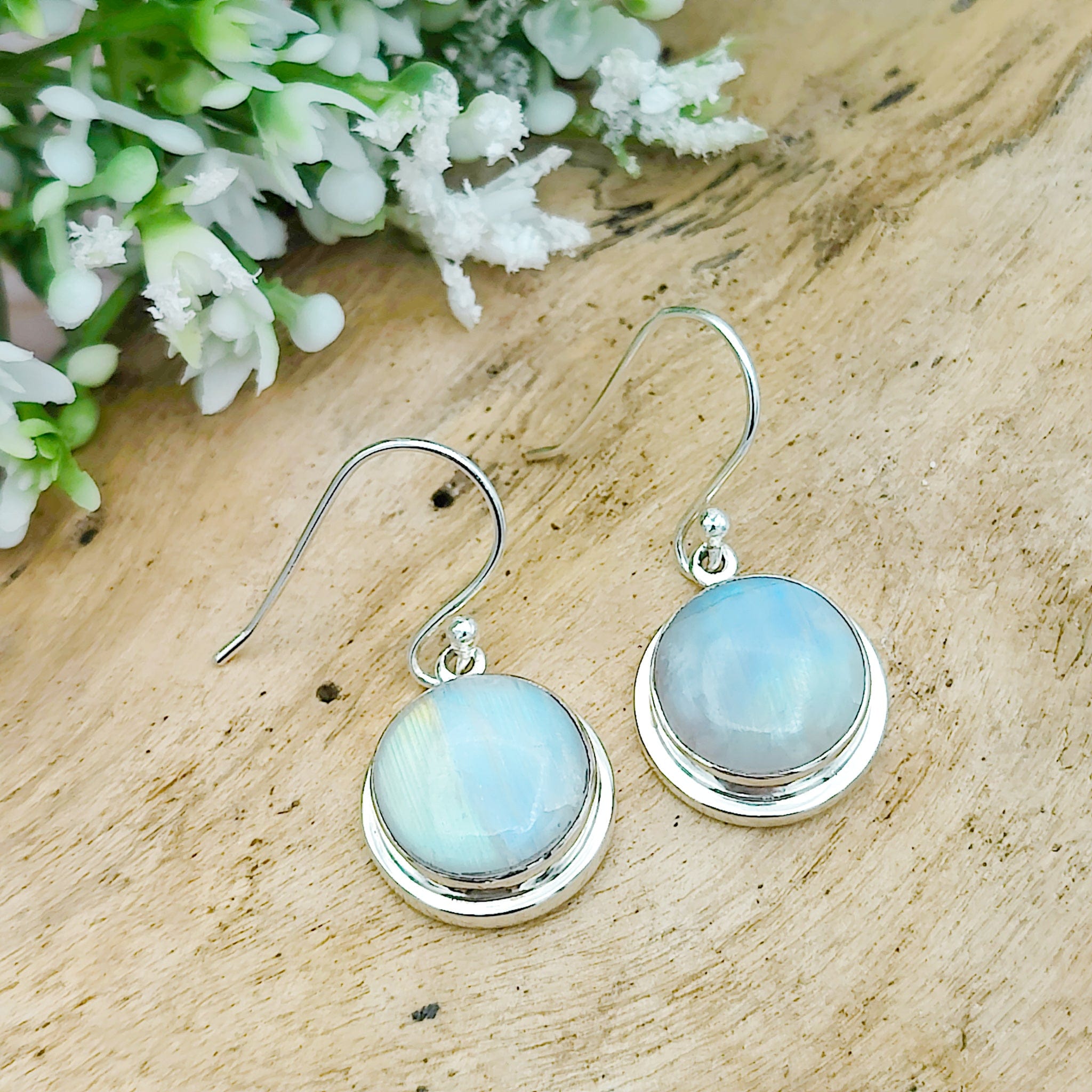 Hepburn and Hughes Rainbow Moonstone Earrings | 13mm Round | June Birthstone | Sterling Silver