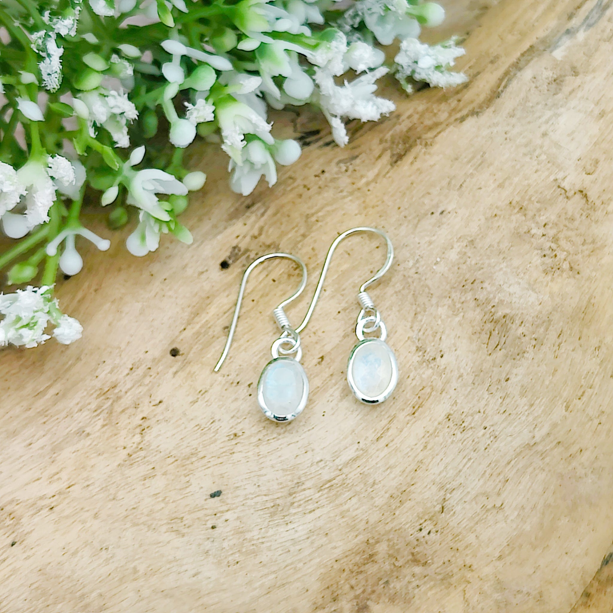 Hepburn and Hughes Rainbow Moonstone Earrings | Small 7mm Oval Gemstones | June Birthstone | Sterling Silver