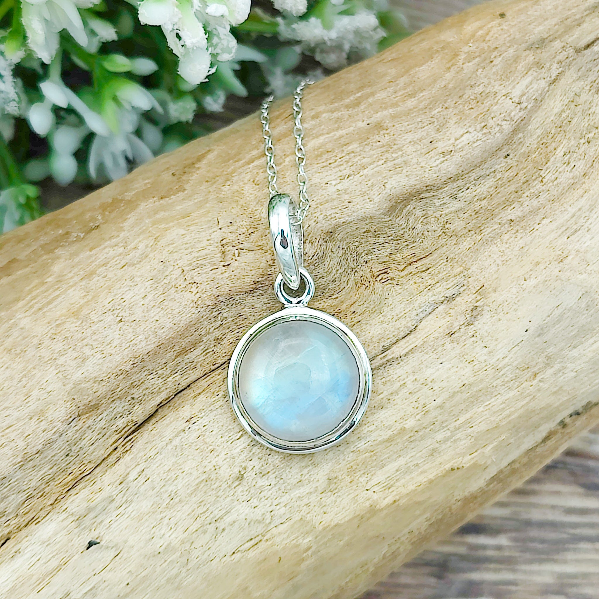 Hepburn and Hughes Rainbow Moonstone Pendant | 15mm Circle | June Birthstone | Sterling silver