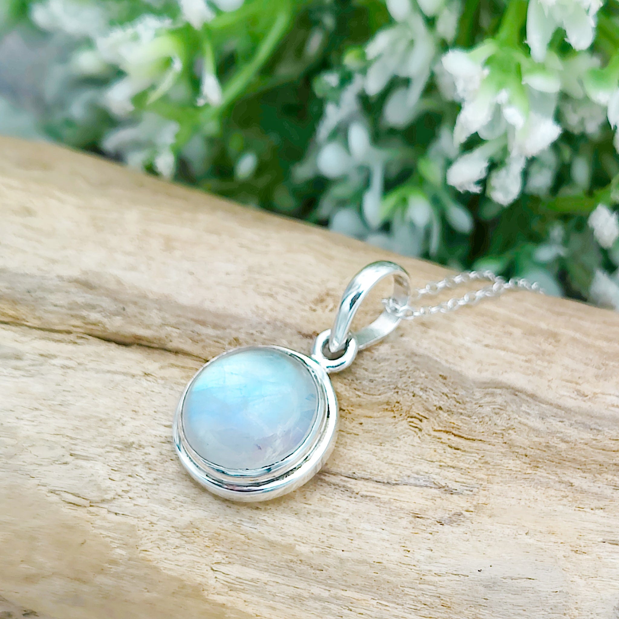 Hepburn and Hughes Rainbow Moonstone Pendant | 15mm Circle | June Birthstone | Sterling silver