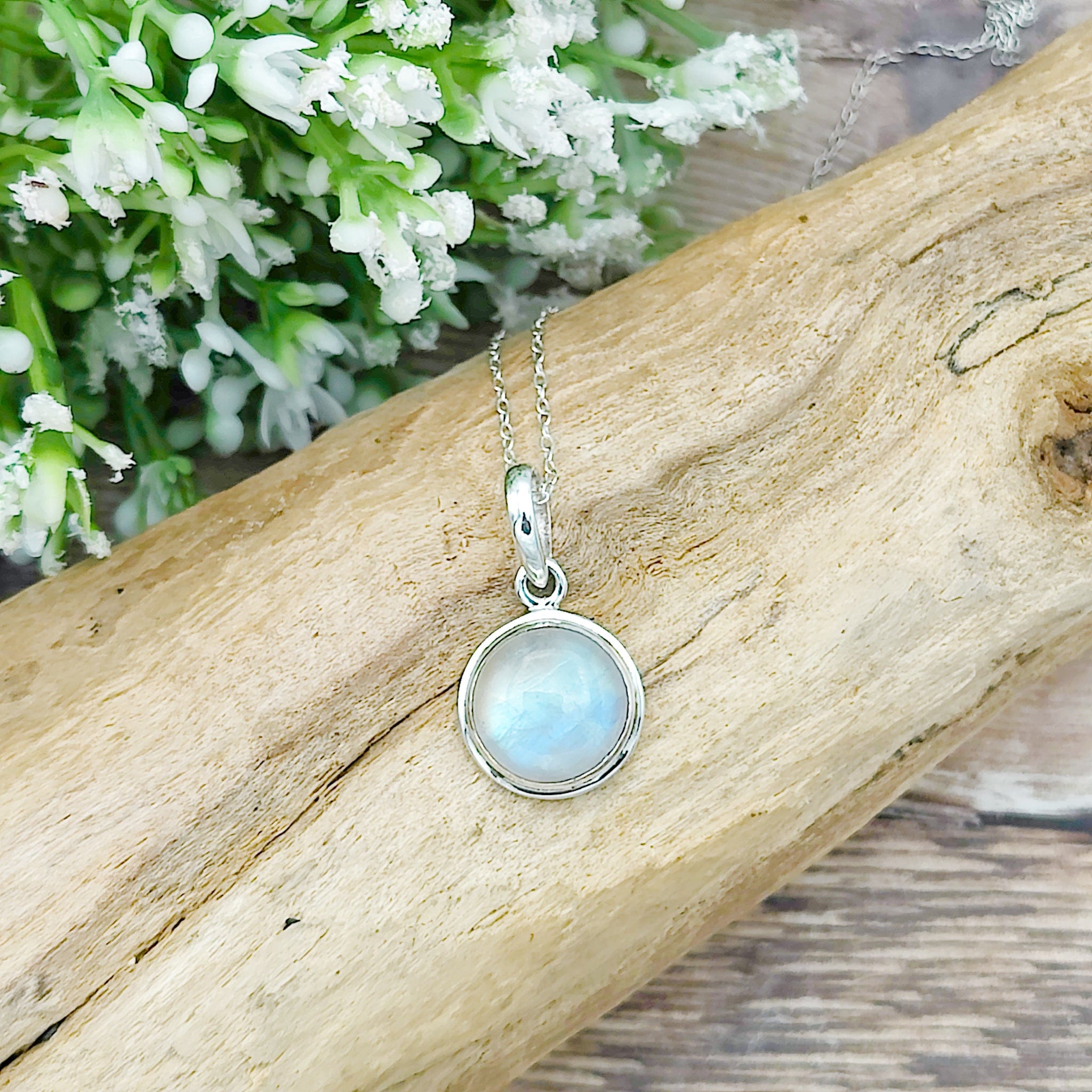 Hepburn and Hughes Rainbow Moonstone Pendant | 15mm Circle | June Birthstone | Sterling silver