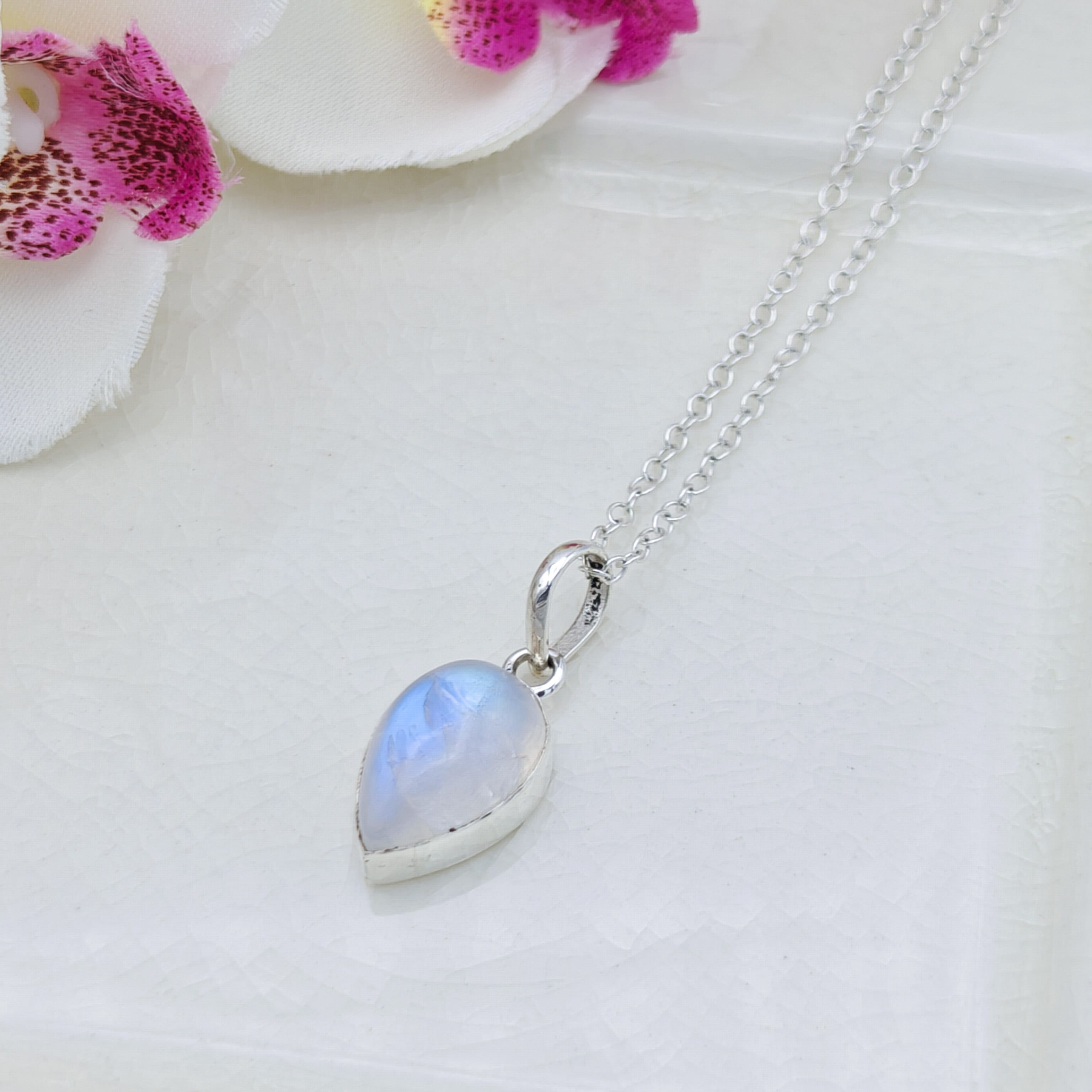 Hepburn and Hughes Rainbow Moonstone Pendant | 15mm Inverted Teardrop | June Birthstone | Sterling silver