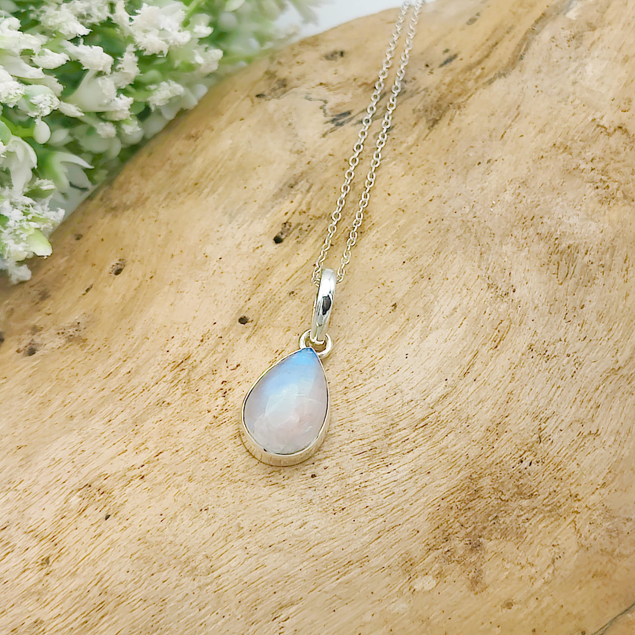 Hepburn and Hughes Rainbow Moonstone Pendant | 15mm Inverted Teardrop | June Birthstone | Sterling silver