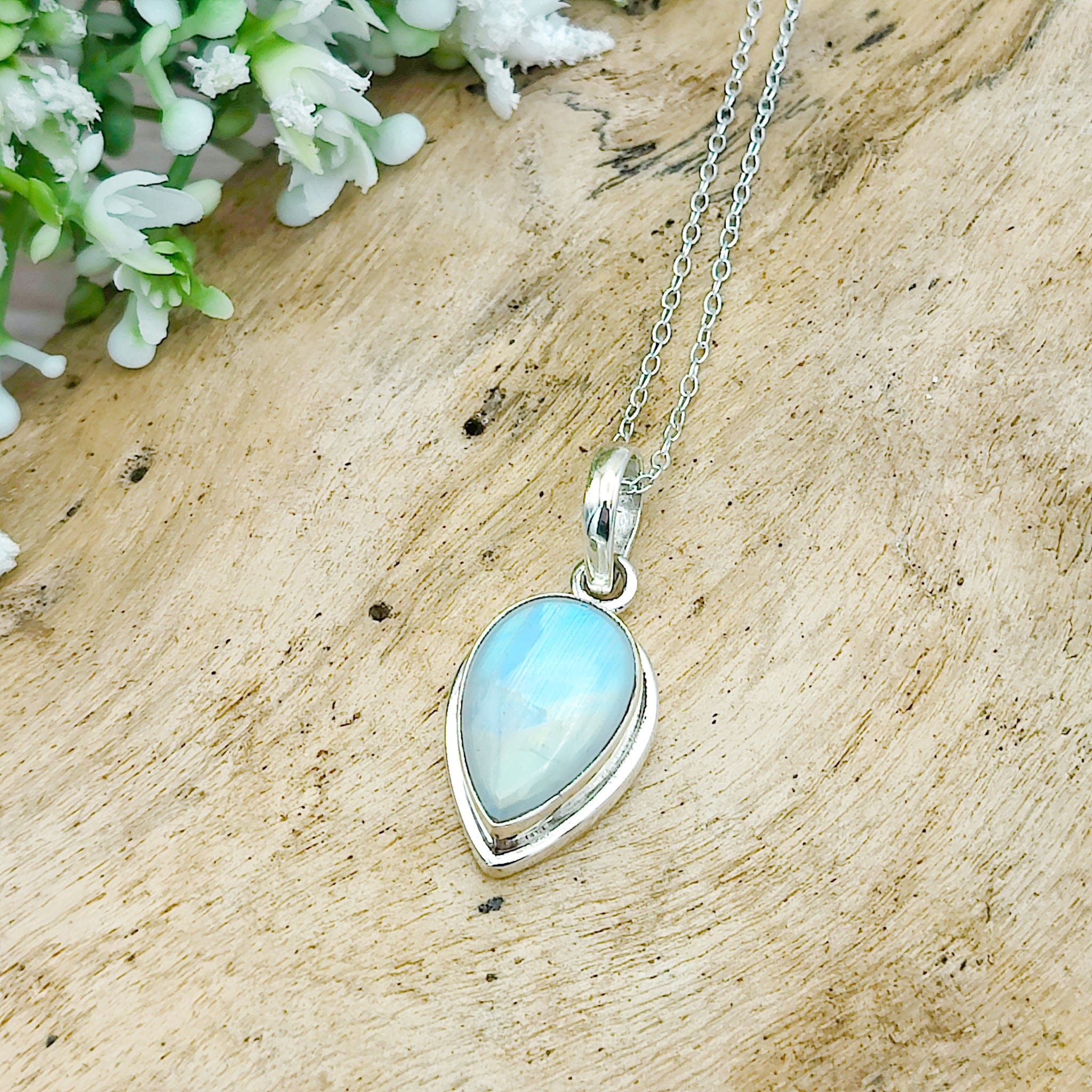 Hepburn and Hughes Rainbow Moonstone Pendant | 15mm Inverted Teardrop | June Birthstone | Sterling silver