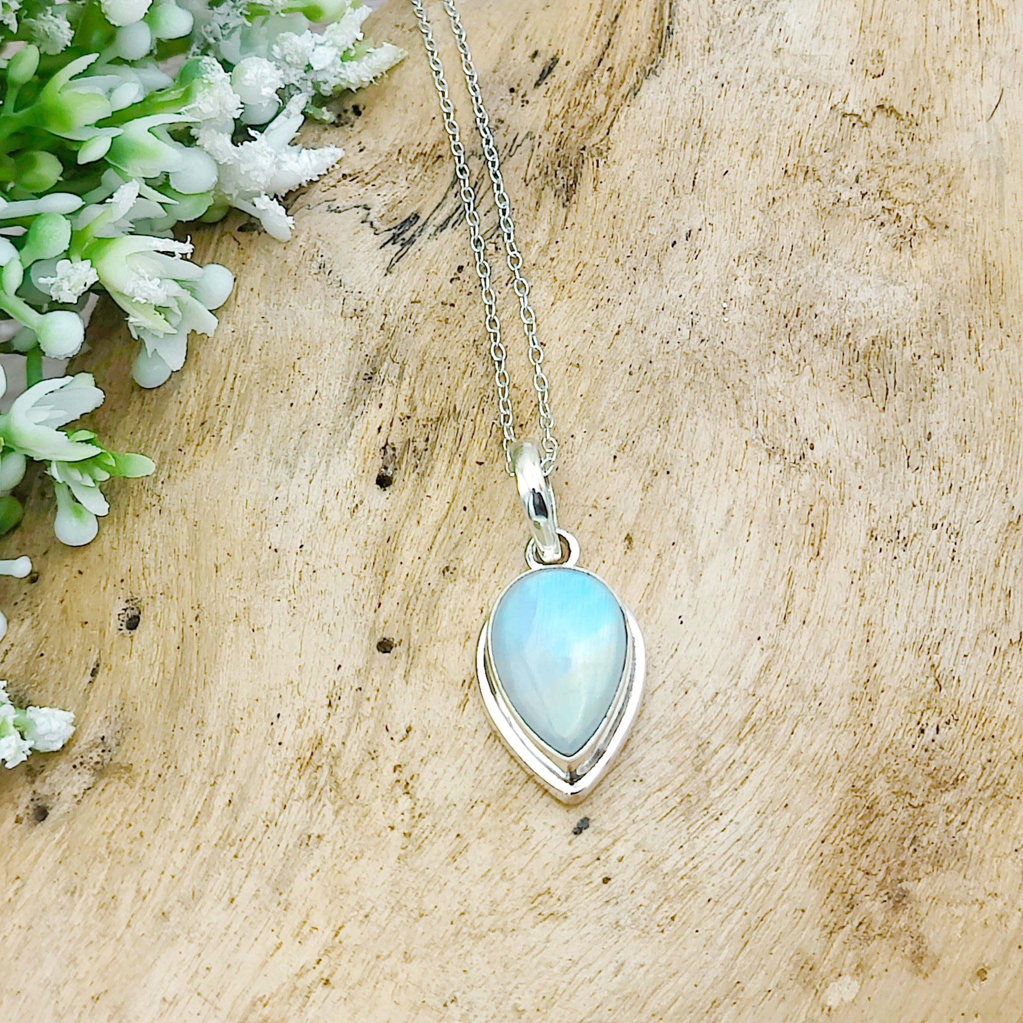 Hepburn and Hughes Rainbow Moonstone Pendant | 15mm Inverted Teardrop | June Birthstone | Sterling silver