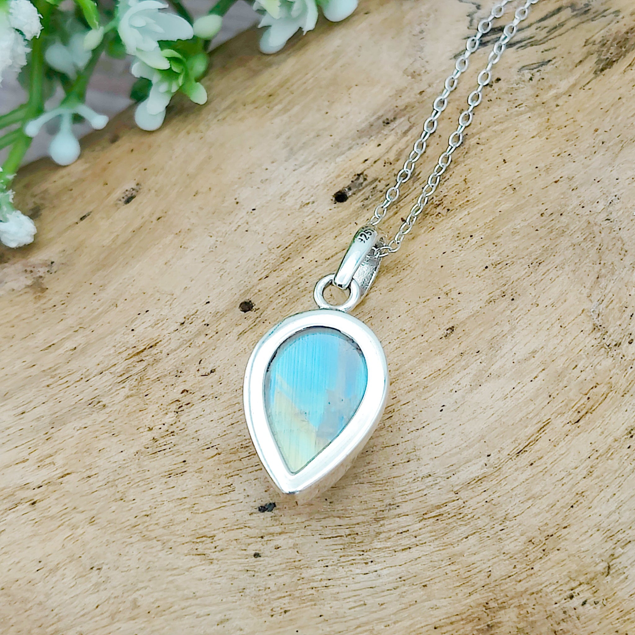 Hepburn and Hughes Rainbow Moonstone Pendant | 15mm Inverted Teardrop | June Birthstone | Sterling silver