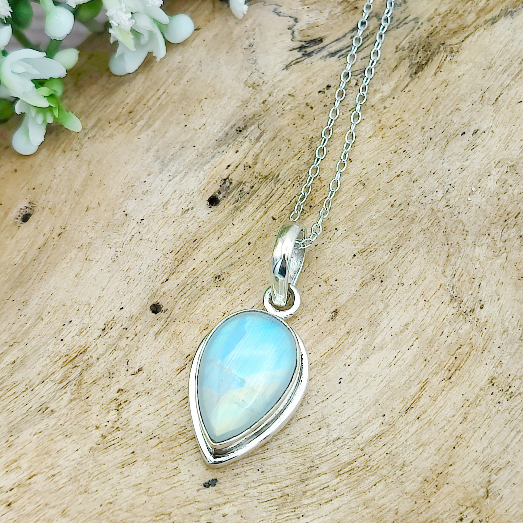 Hepburn and Hughes Rainbow Moonstone Pendant | 15mm Inverted Teardrop | June Birthstone | Sterling silver