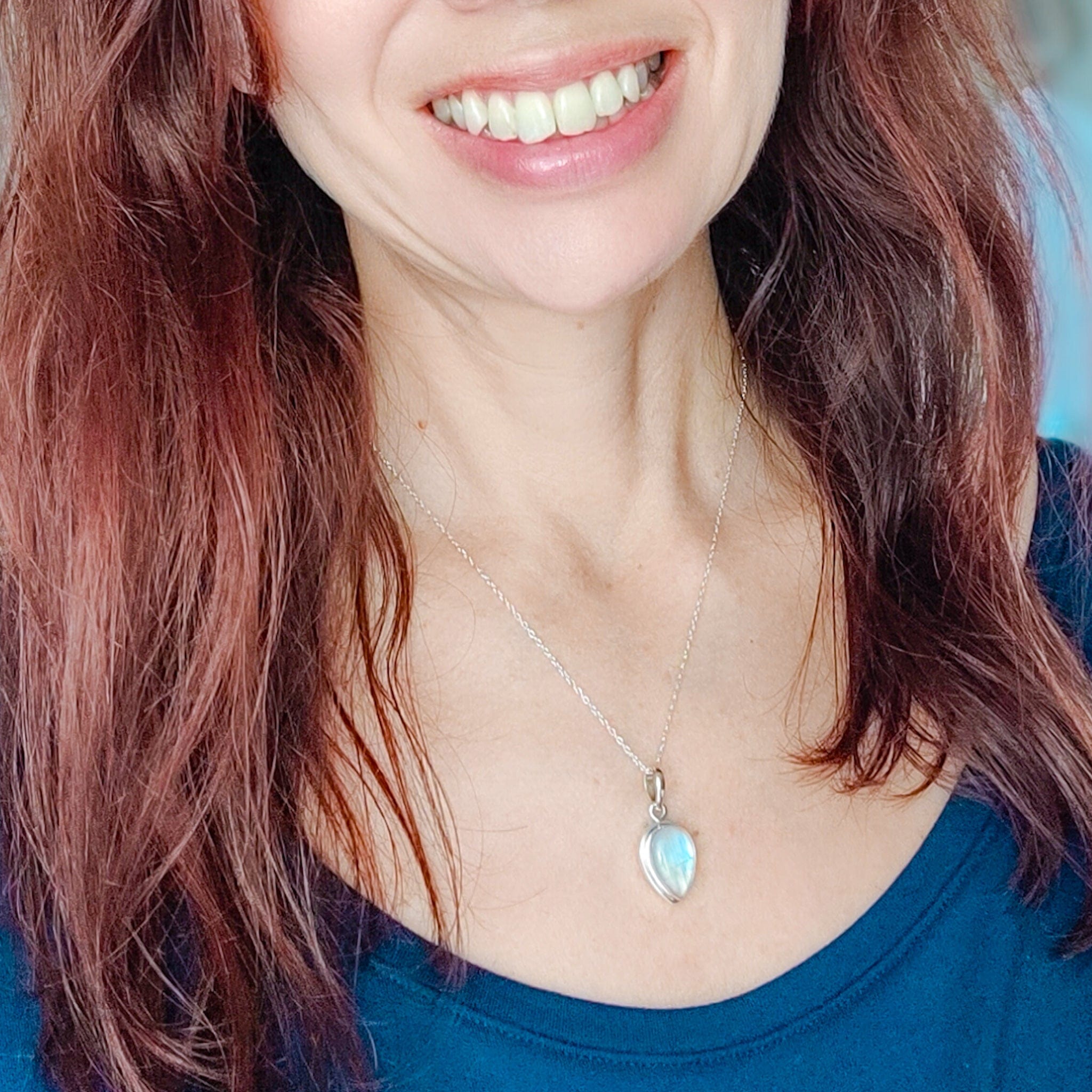 Hepburn and Hughes Rainbow Moonstone Pendant | 15mm Inverted Teardrop | June Birthstone | Sterling silver