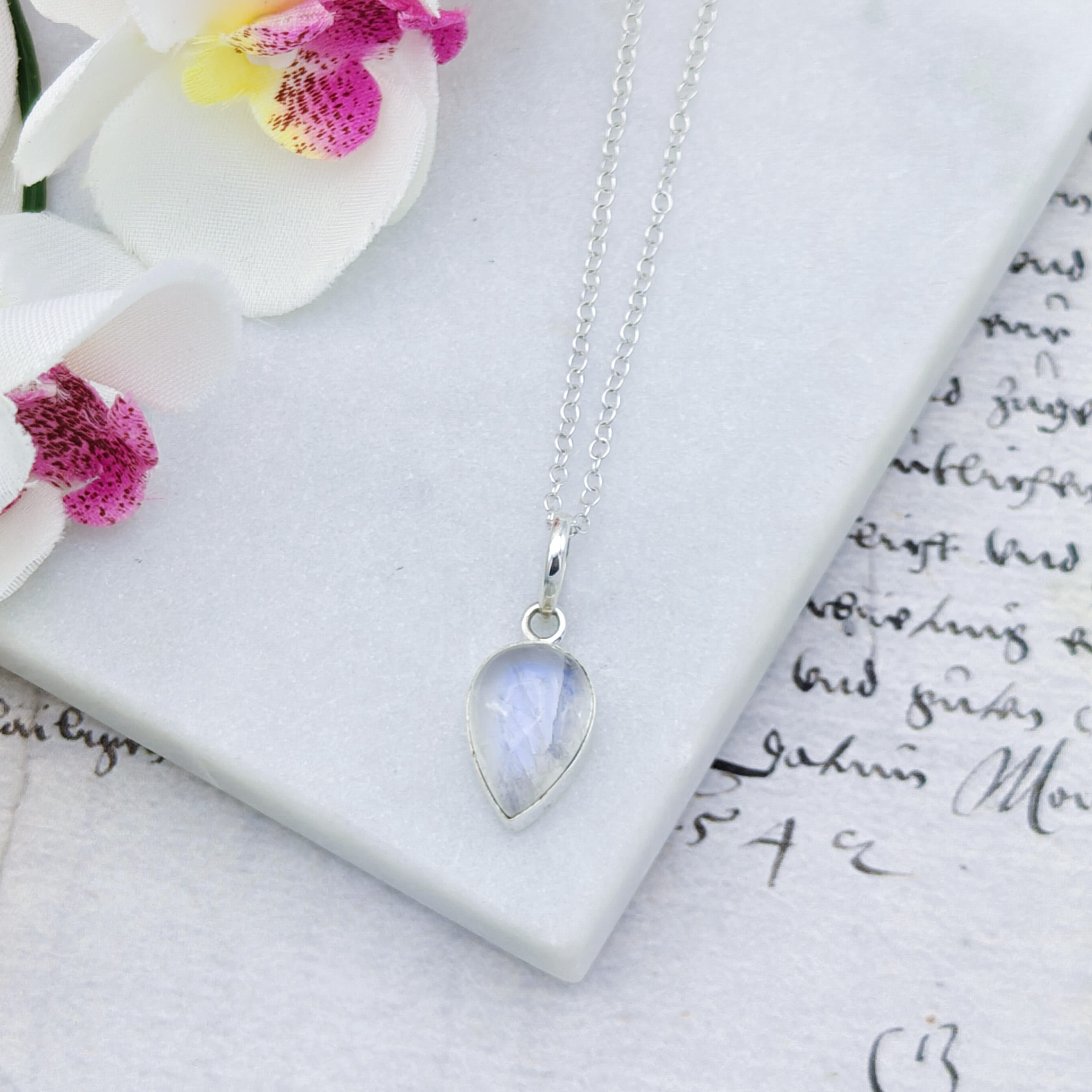 Hepburn and Hughes Rainbow Moonstone Pendant | 15mm Inverted Teardrop | June Birthstone | Sterling silver