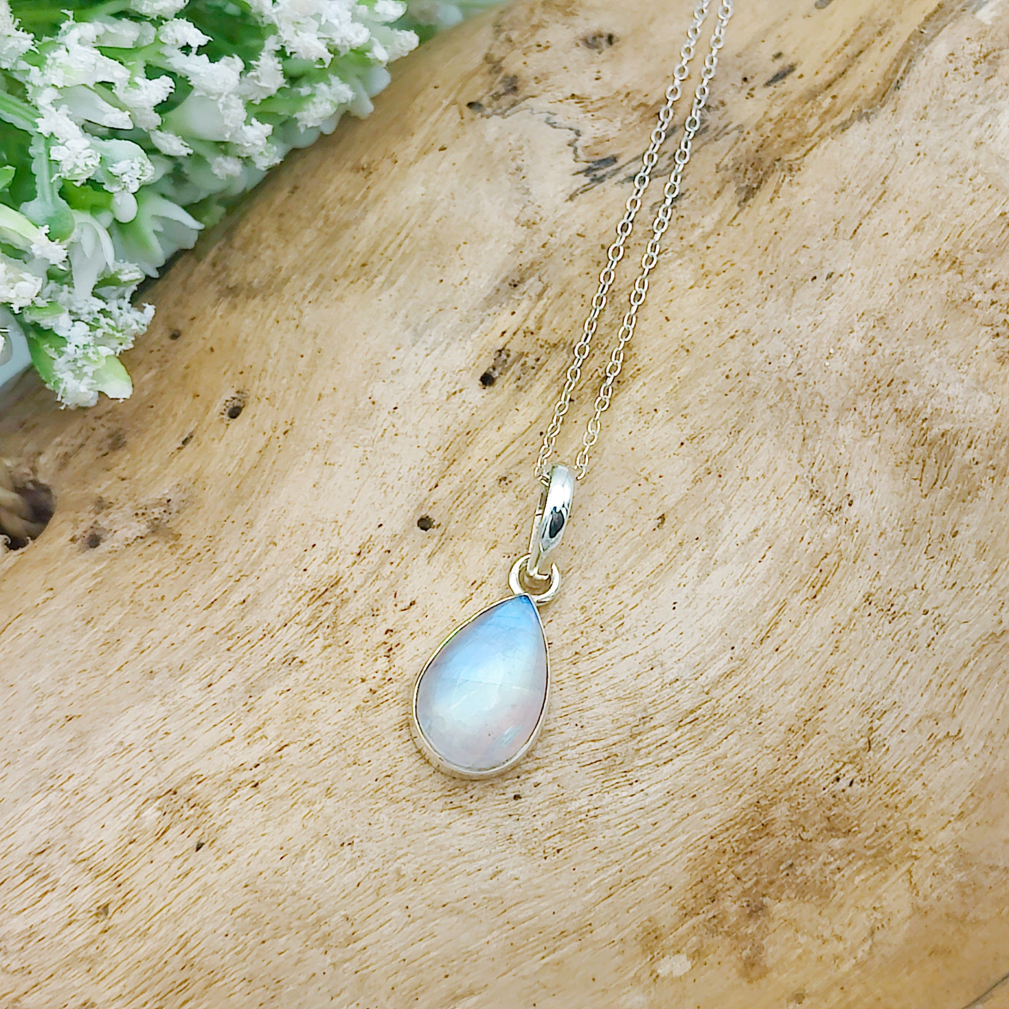 Hepburn and Hughes Rainbow Moonstone Pendant | 15mm Teardrop | June Birthstone | Sterling silver