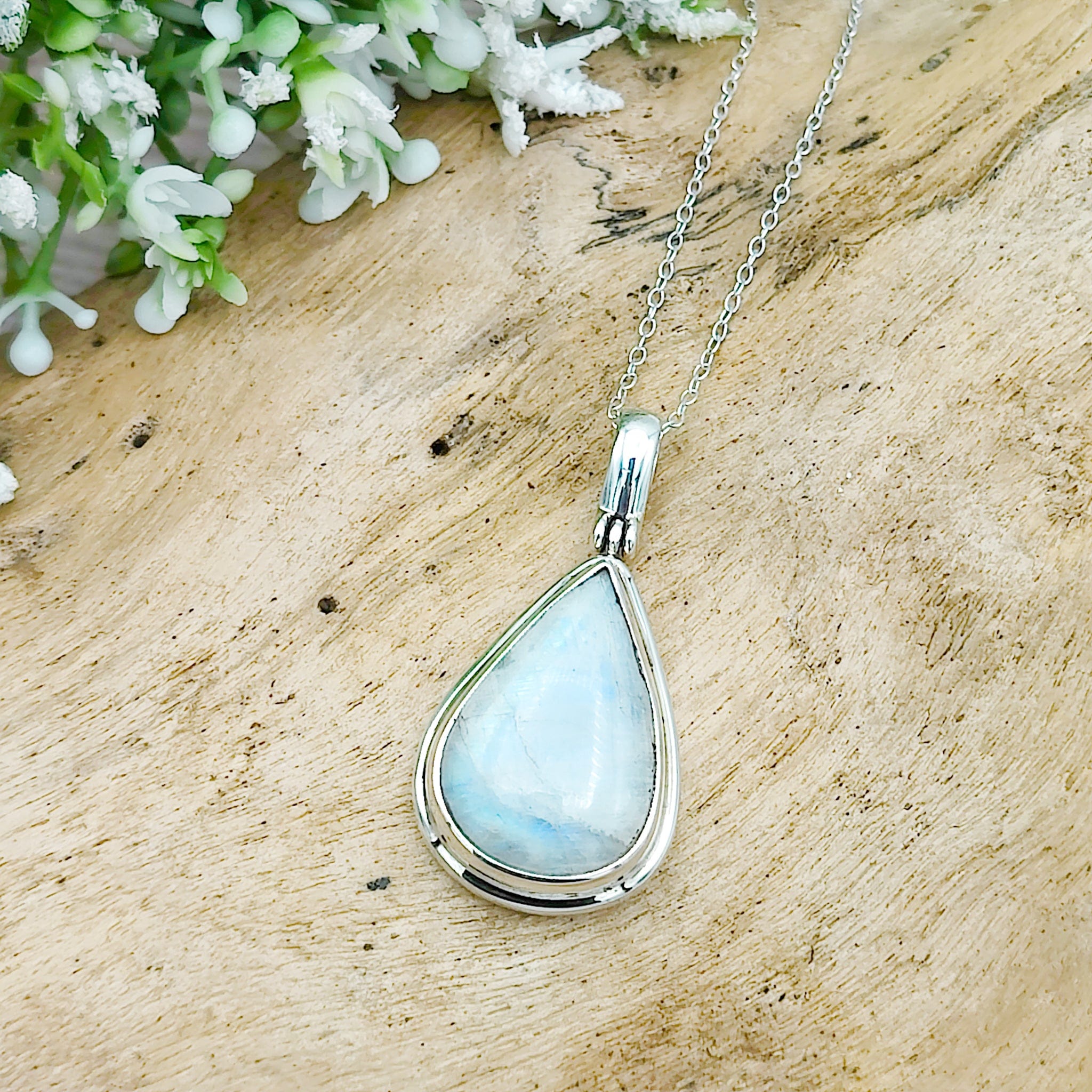 Hepburn and Hughes Rainbow Moonstone Pendant | 25mm Teardrop Gemstone | June Birthstone | Sterling silver