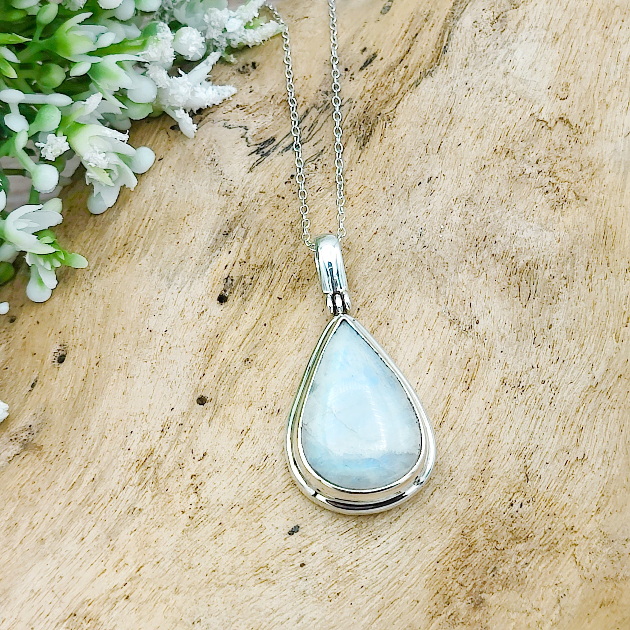 Hepburn and Hughes Rainbow Moonstone Pendant | 25mm Teardrop Gemstone | June Birthstone | Sterling silver