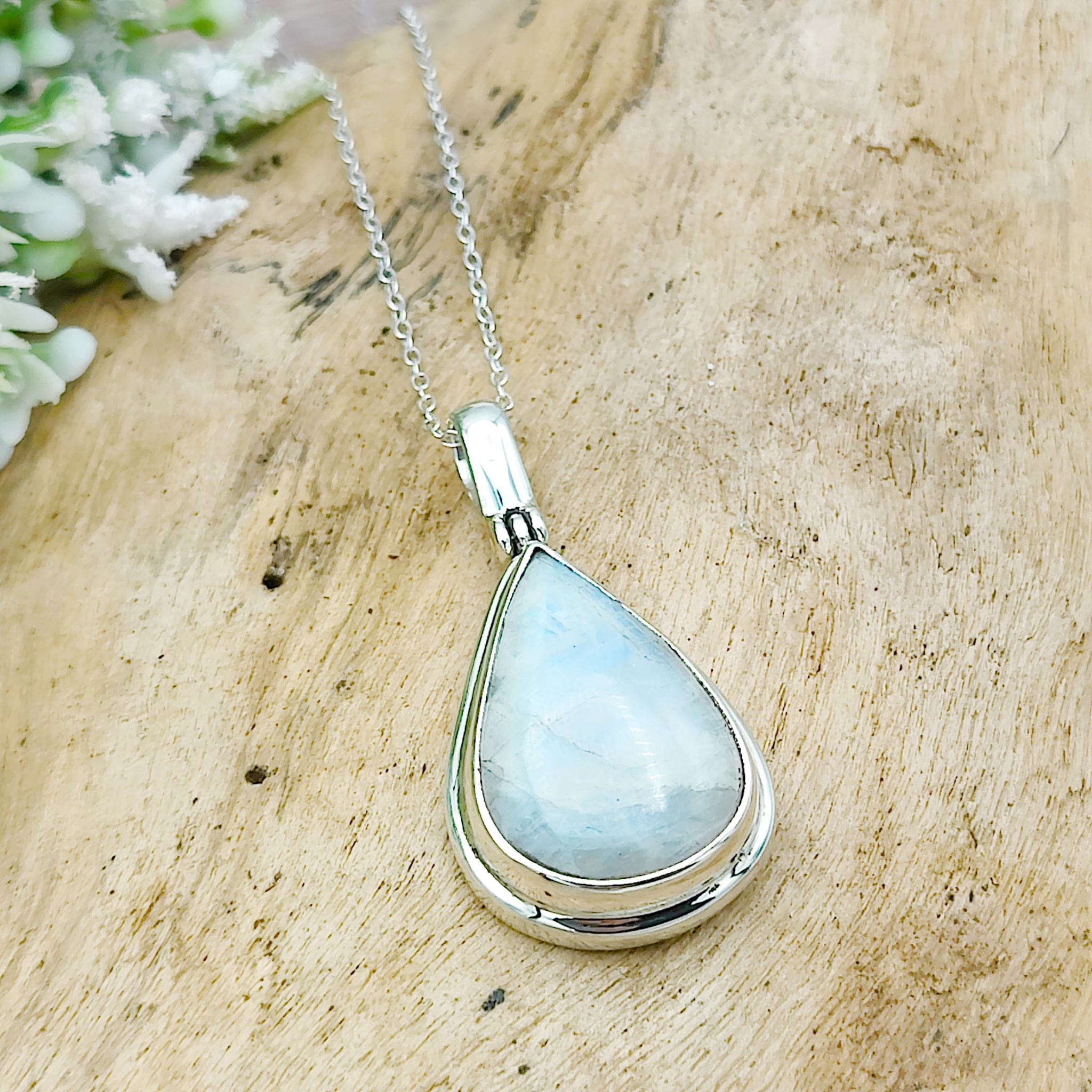 Hepburn and Hughes Rainbow Moonstone Pendant | 25mm Teardrop Gemstone | June Birthstone | Sterling silver