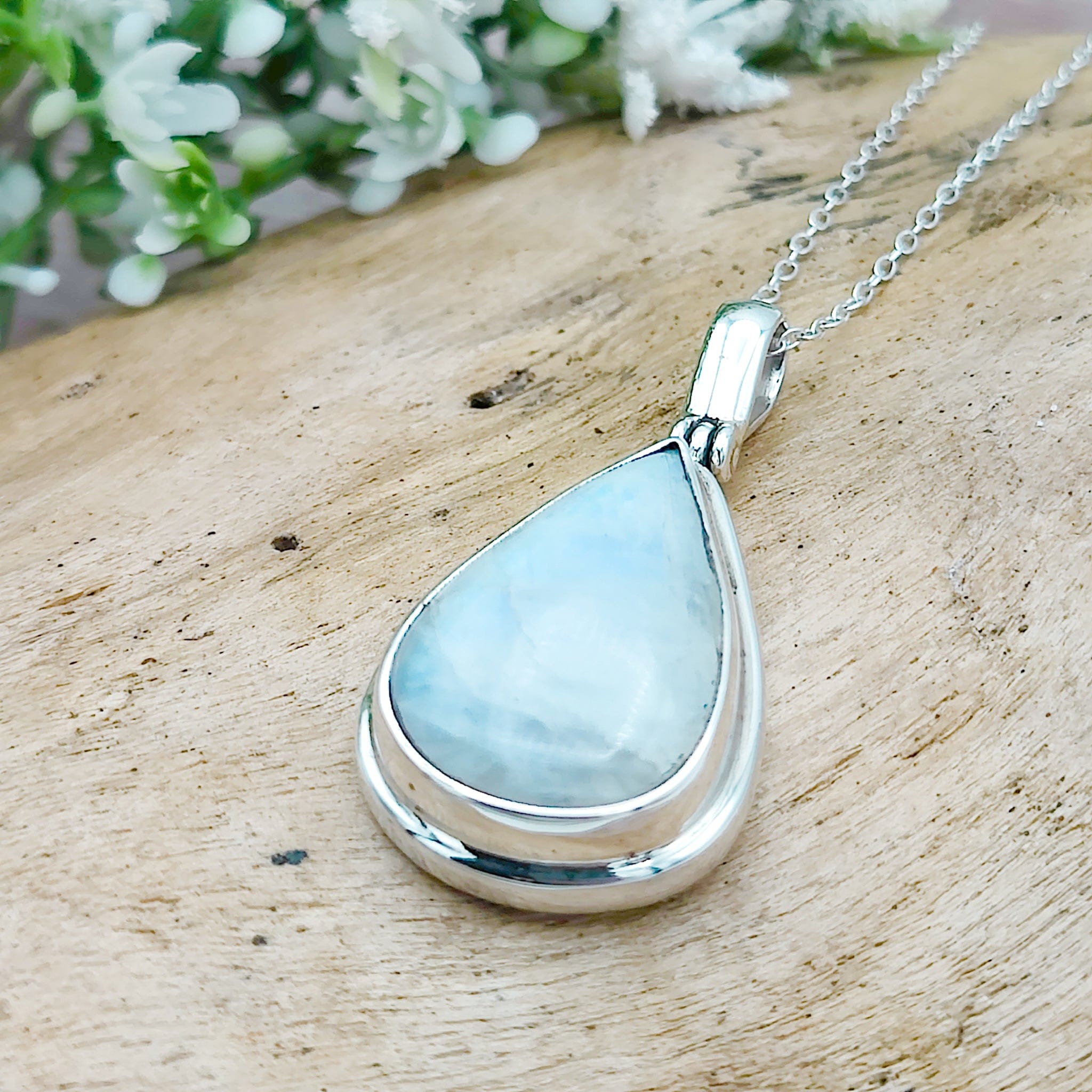 Hepburn and Hughes Rainbow Moonstone Pendant | 25mm Teardrop Gemstone | June Birthstone | Sterling silver