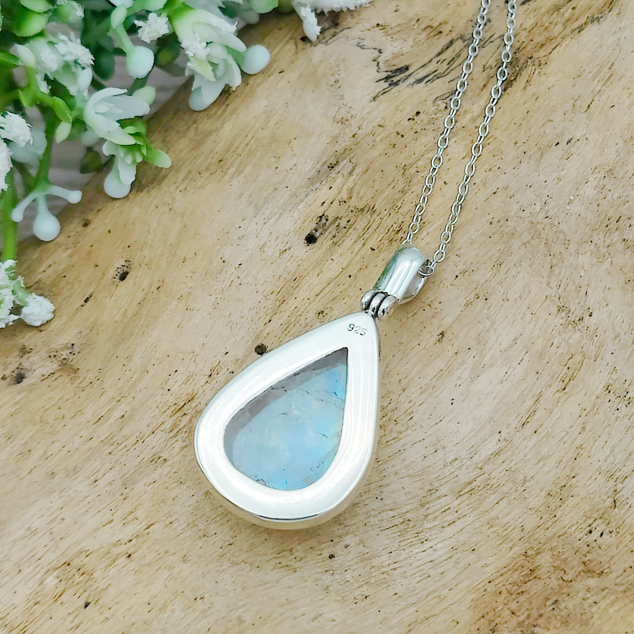 Hepburn and Hughes Rainbow Moonstone Pendant | 25mm Teardrop Gemstone | June Birthstone | Sterling silver