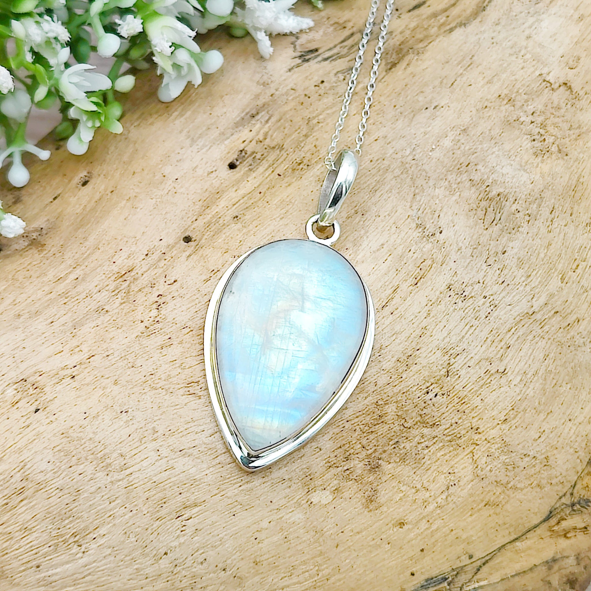 Hepburn and Hughes Rainbow Moonstone Pendant | 30mm Inverted Teardrop | Sterling silver
