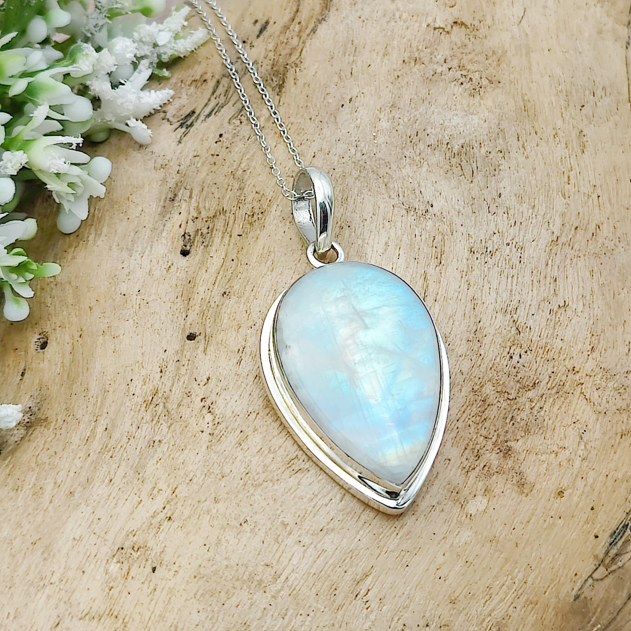 Hepburn and Hughes Rainbow Moonstone Pendant | 30mm Inverted Teardrop | Sterling silver