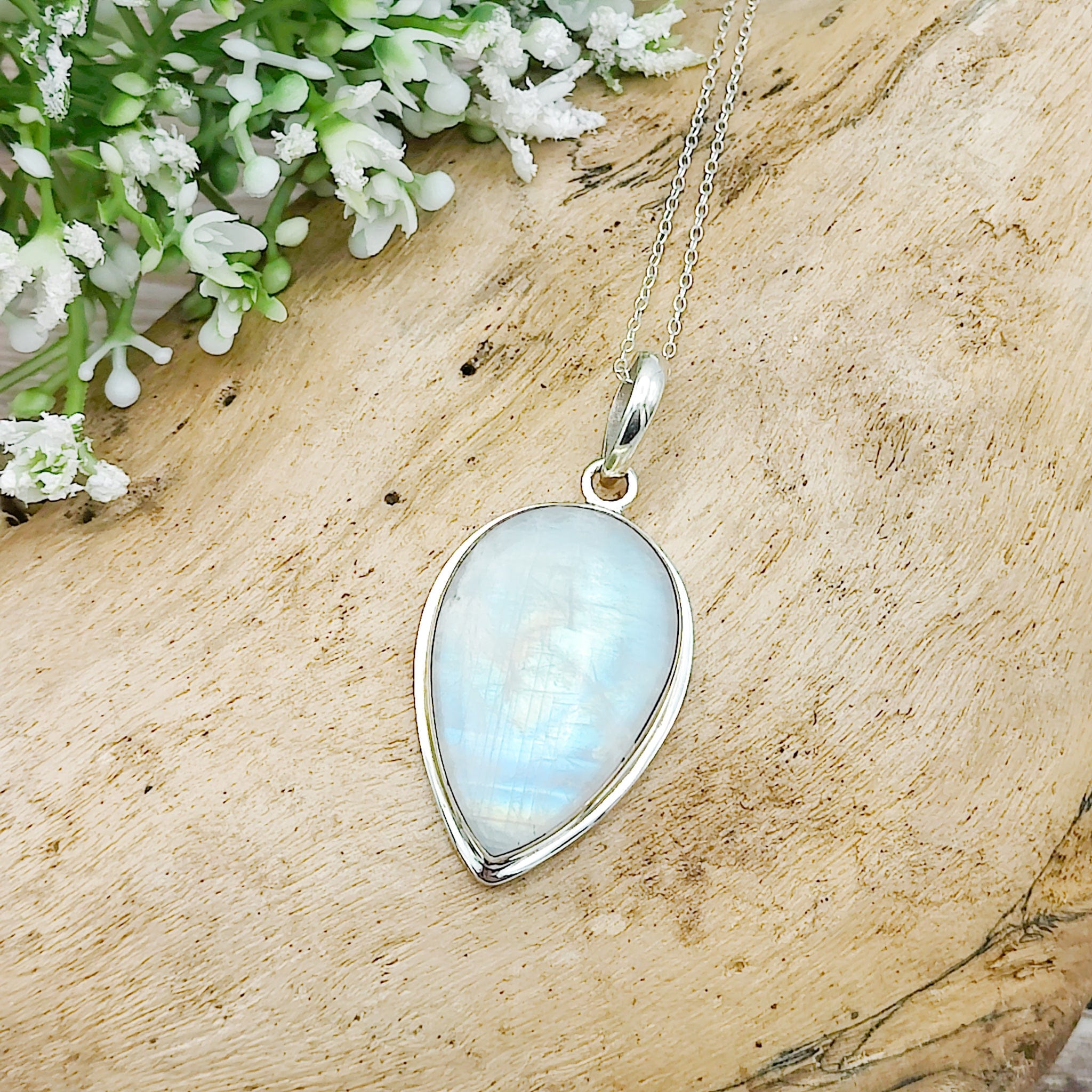 Hepburn and Hughes Rainbow Moonstone Pendant | 30mm Inverted Teardrop | Sterling silver