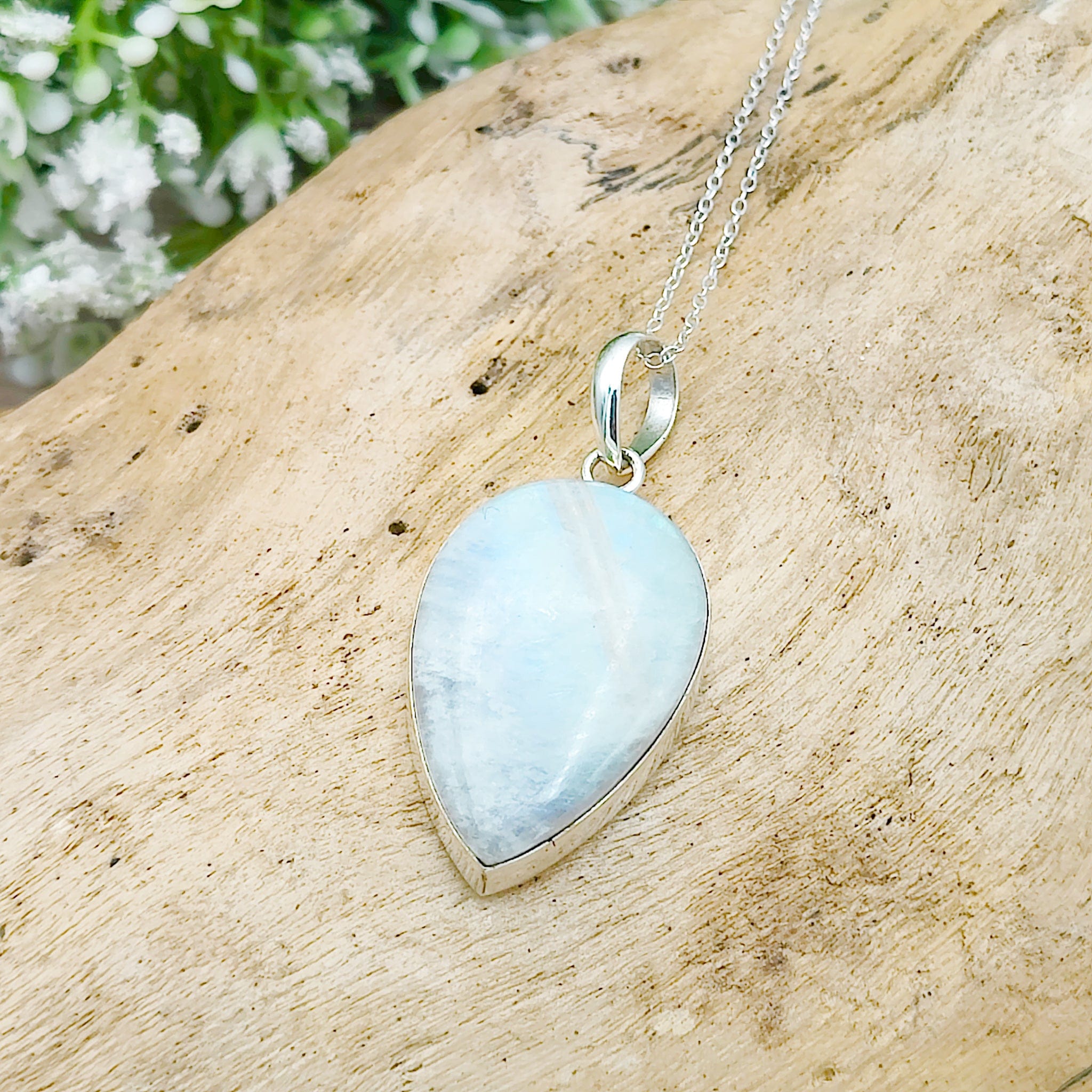 Hepburn and Hughes Rainbow Moonstone Pendant | 30mm Inverted Teardrop | Sterling silver