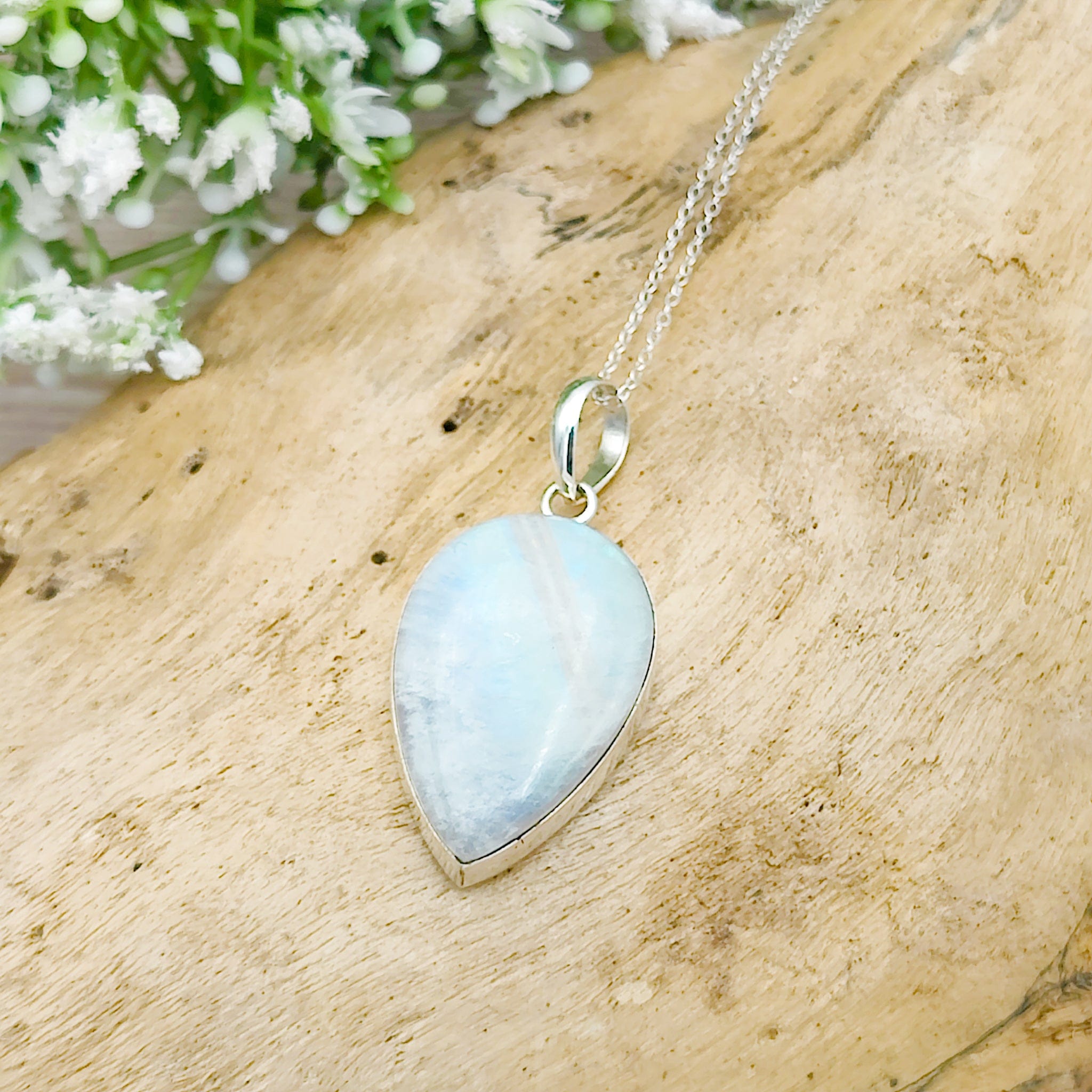 Hepburn and Hughes Rainbow Moonstone Pendant | 30mm Inverted Teardrop | Sterling silver