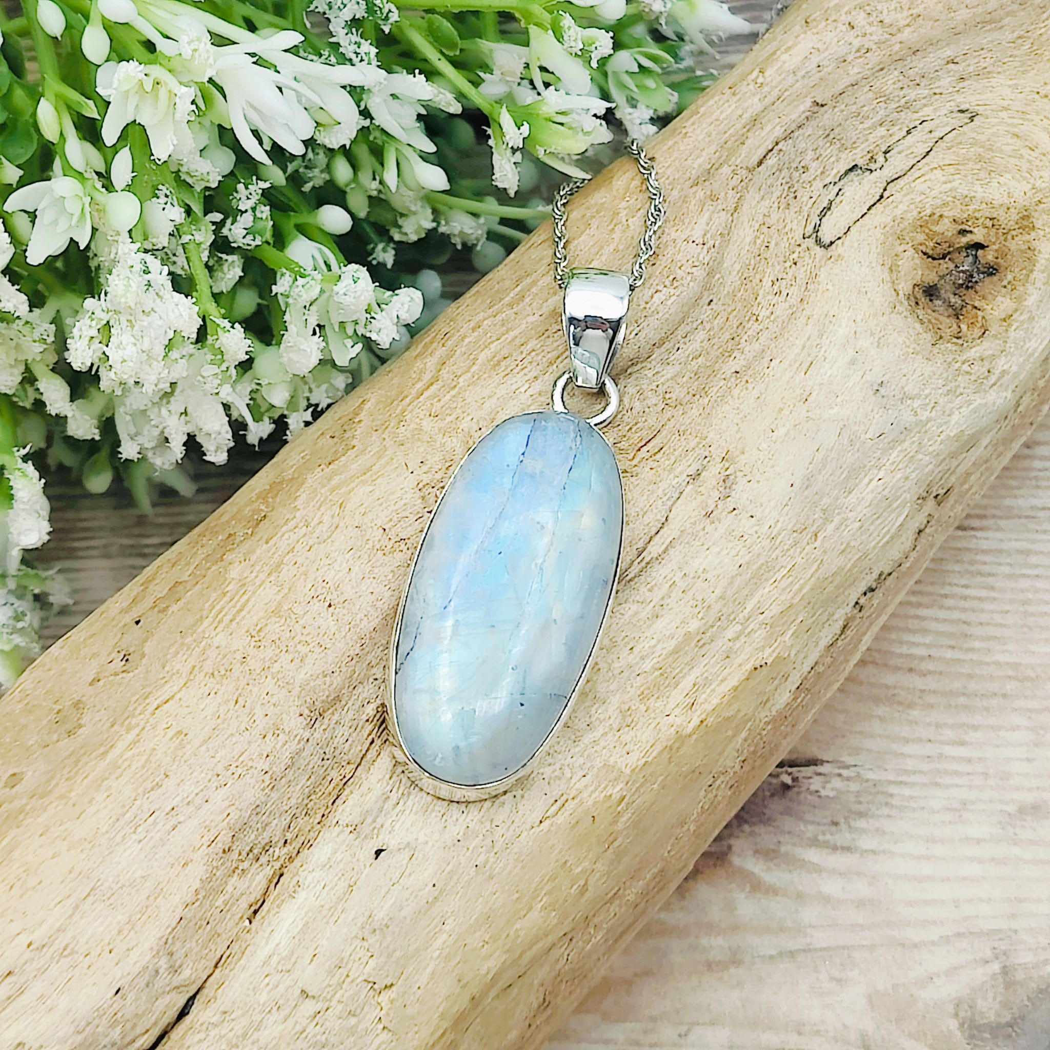 Hepburn and Hughes Rainbow Moonstone Pendant | Long Oval | June Birthstone | Sterling silver