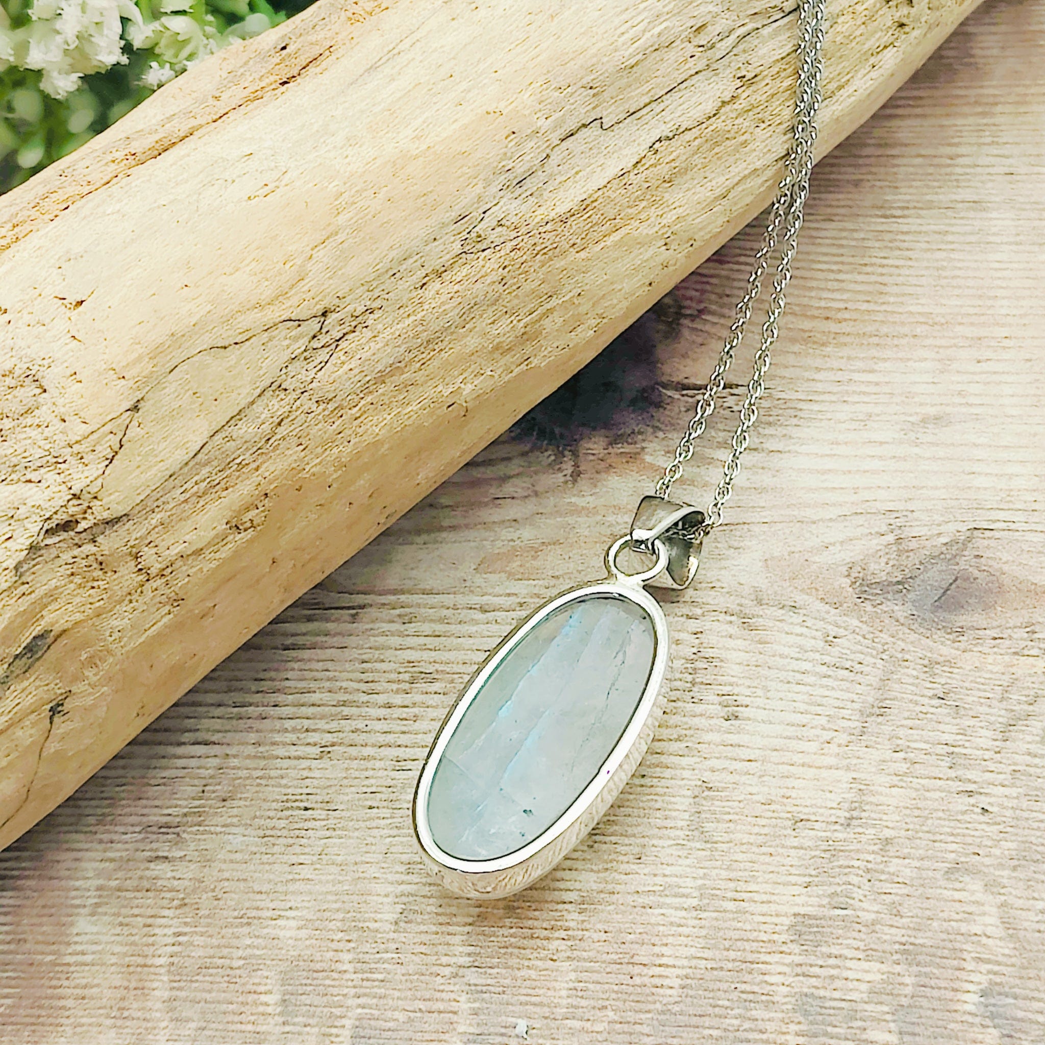 Hepburn and Hughes Rainbow Moonstone Pendant | Long Oval | June Birthstone | Sterling silver