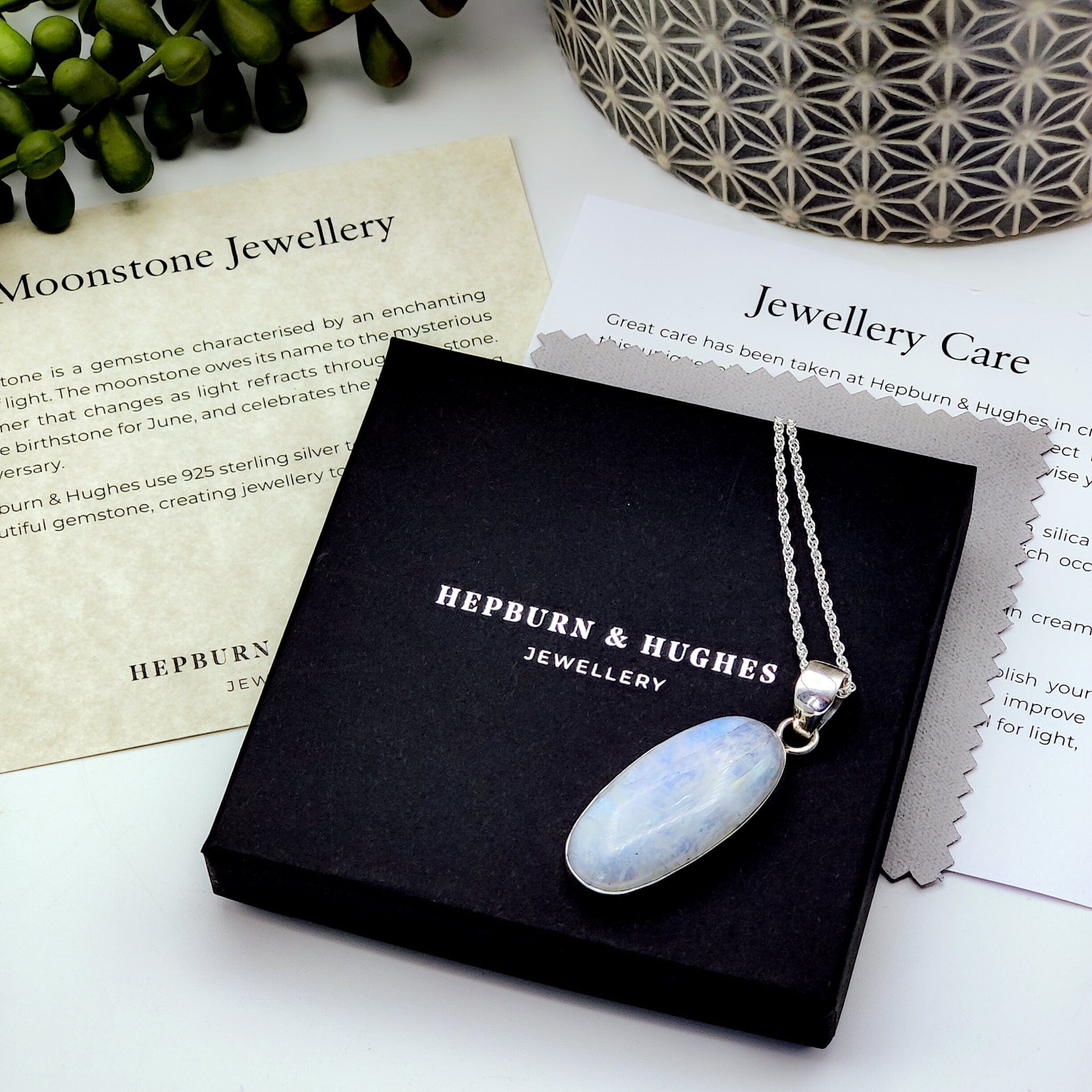 Hepburn and Hughes Rainbow Moonstone Pendant | Long Oval | June Birthstone | Sterling silver