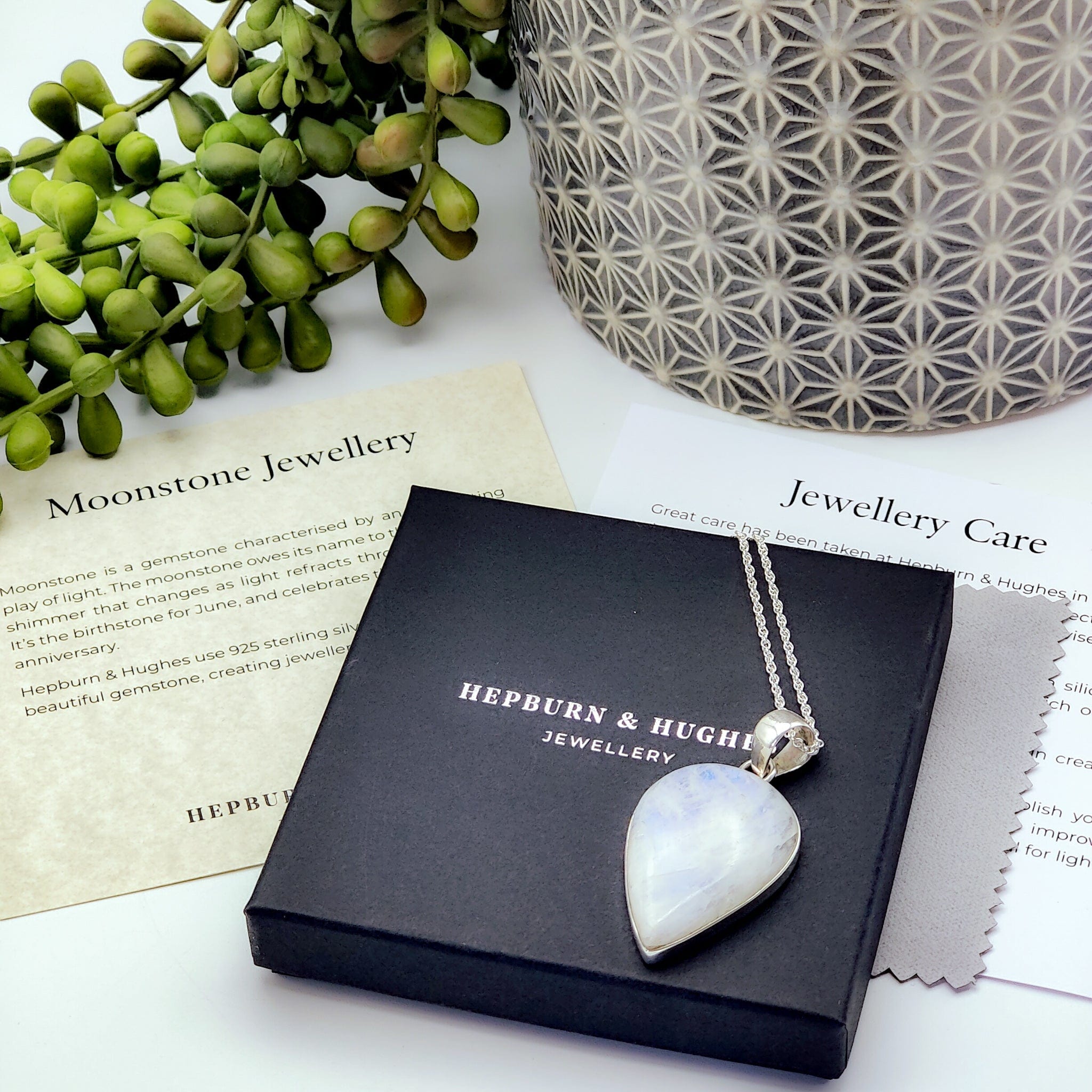 Hepburn and Hughes Rainbow Moonstone Pendant | Teardrop | June Birthstone | Sterling silver
