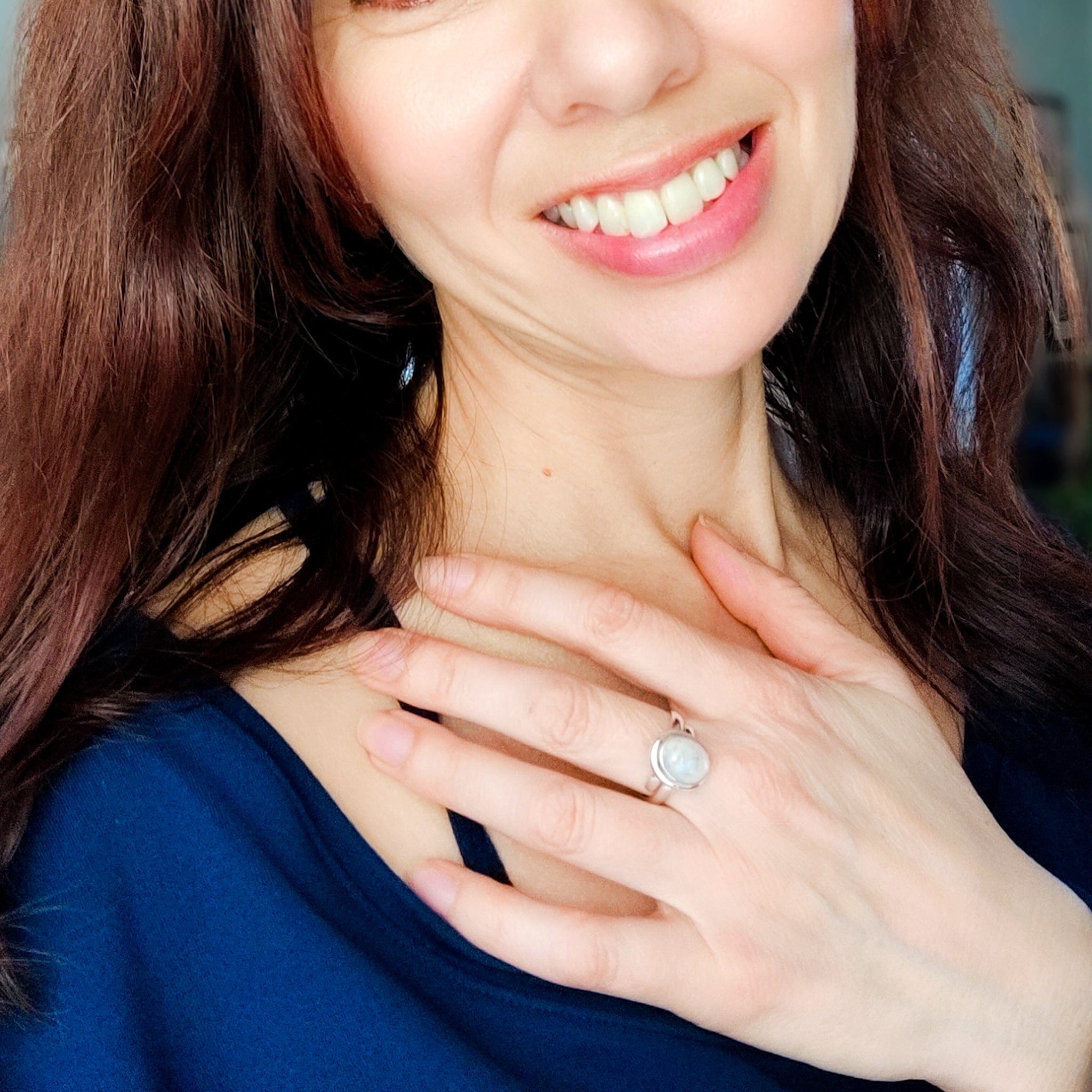 Hepburn and Hughes Rainbow Moonstone Ring | Small Oval or Pointed Marquise Gemstones | Sterling Silver
