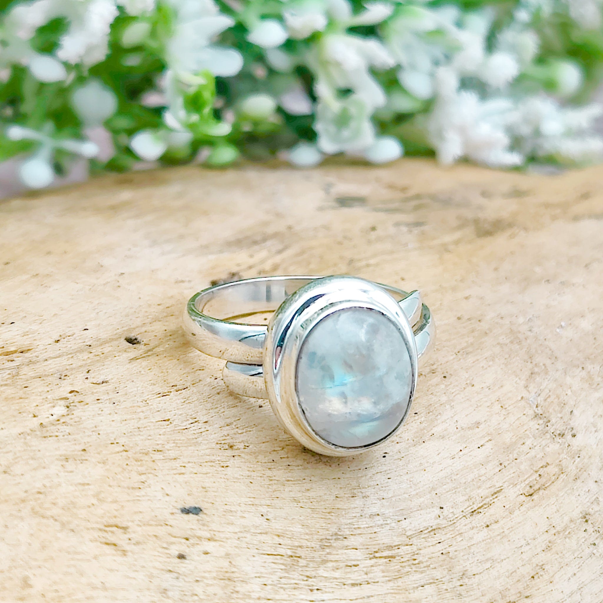 Hepburn and Hughes Rainbow Moonstone Ring | Small Oval or Pointed Marquise Gemstones | Sterling Silver