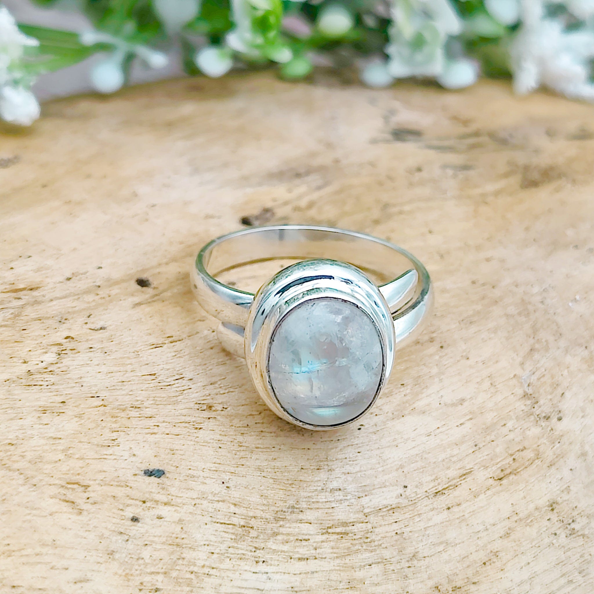 Hepburn and Hughes Rainbow Moonstone Ring | Small Oval or Pointed Marquise Gemstones | Sterling Silver