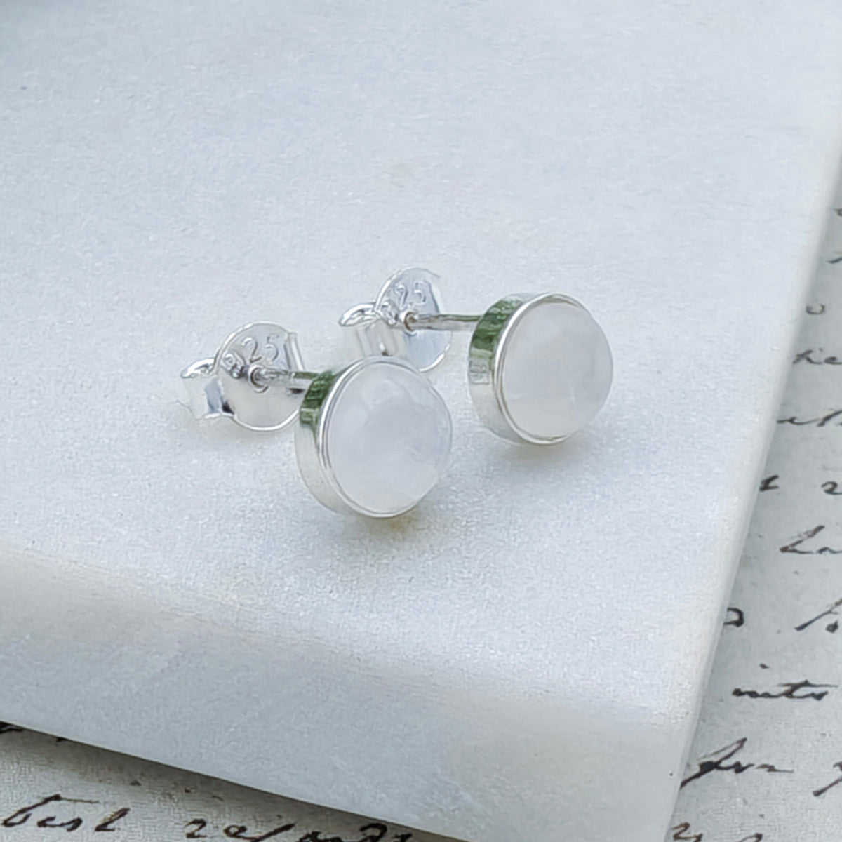 Hepburn and Hughes Rainbow Moonstone Stud Earrings in Sterling Silver | Three Shape Options | June Birthstone