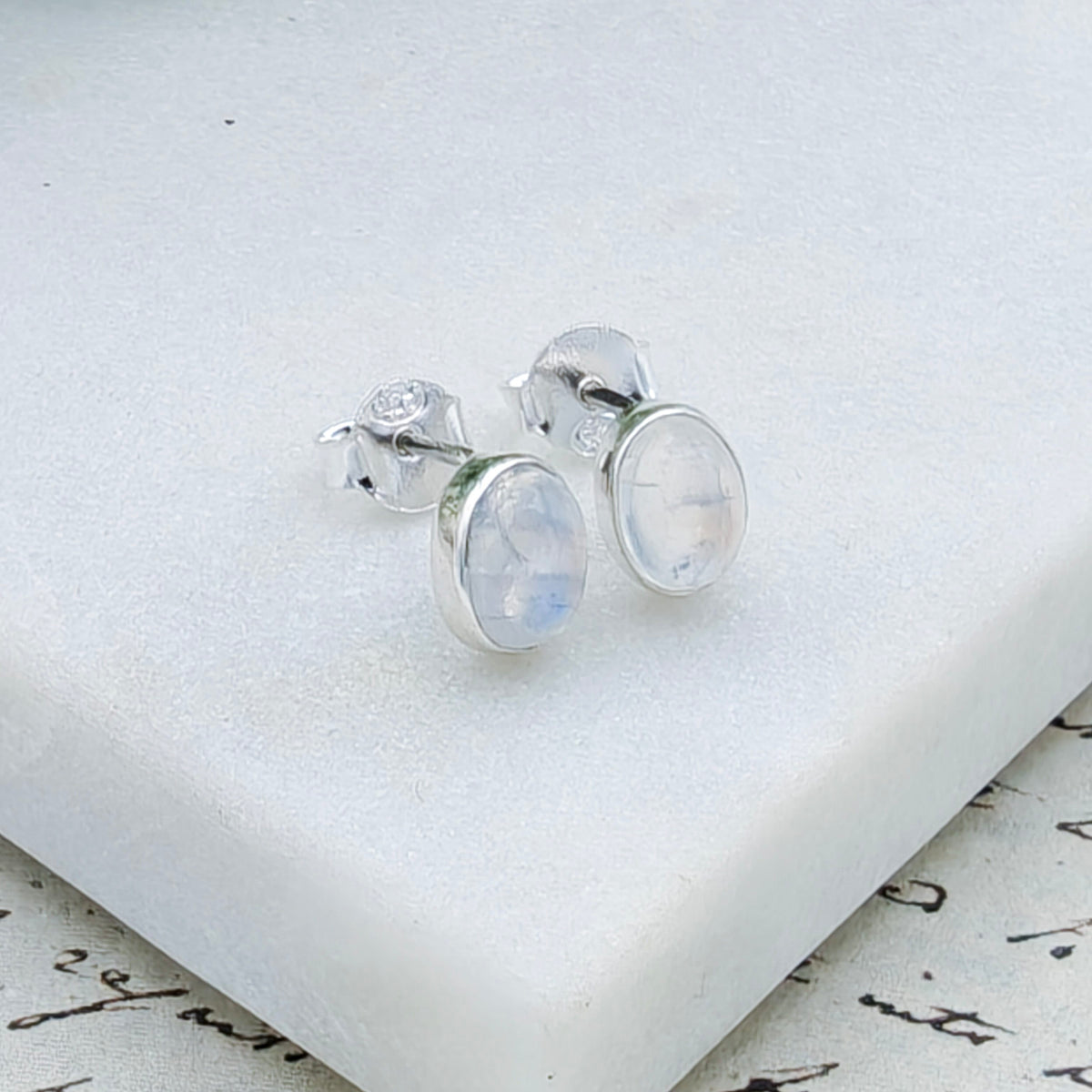 Hepburn and Hughes Rainbow Moonstone Stud Earrings in Sterling Silver | Three Shape Options | June Birthstone