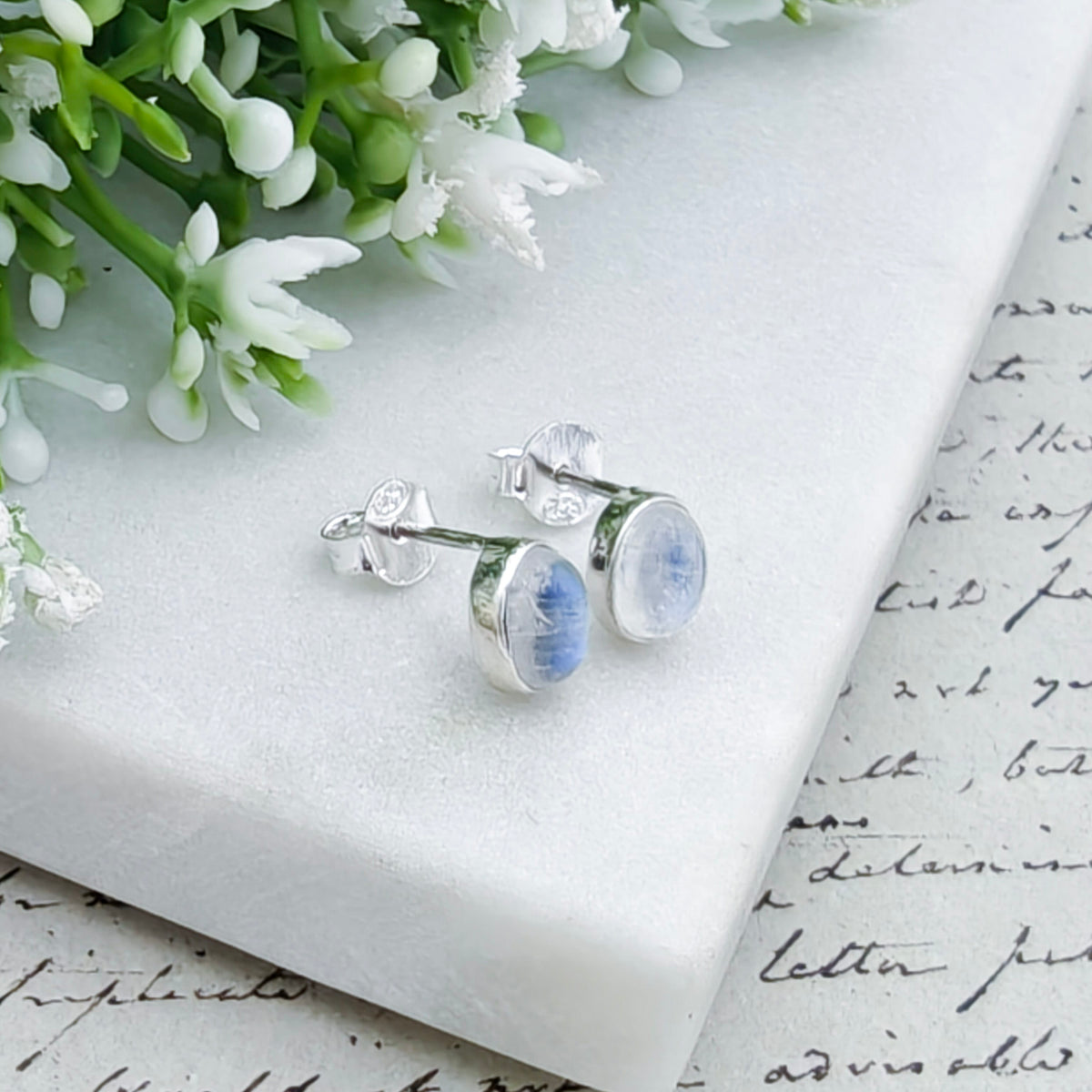 Hepburn and Hughes Rainbow Moonstone Stud Earrings in Sterling Silver | Three Shape Options | June Birthstone