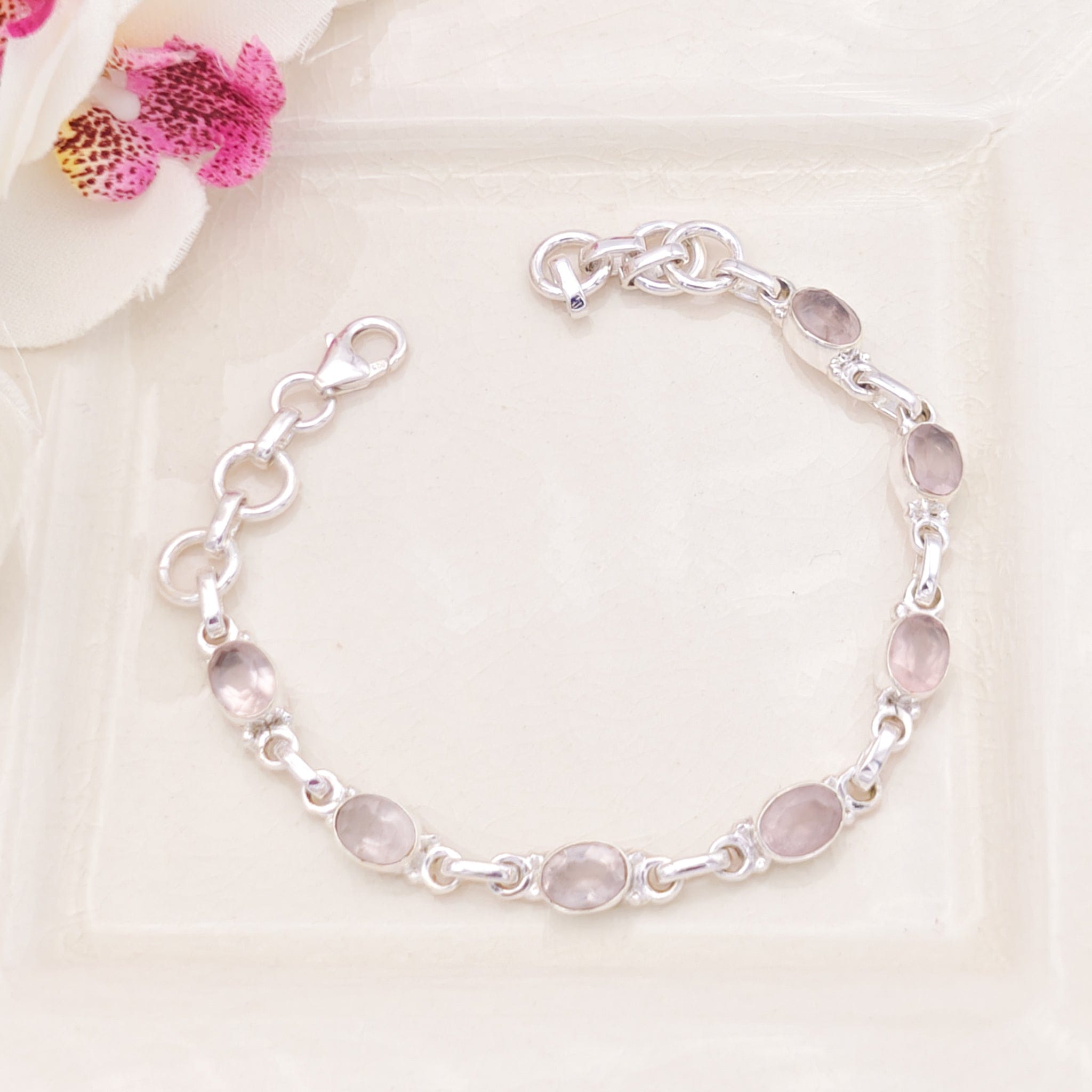 Hepburn and Hughes Rose Quartz Gemstone Bracelet | 7 Oval Gemstones | January Birthstone | Sterling Silver