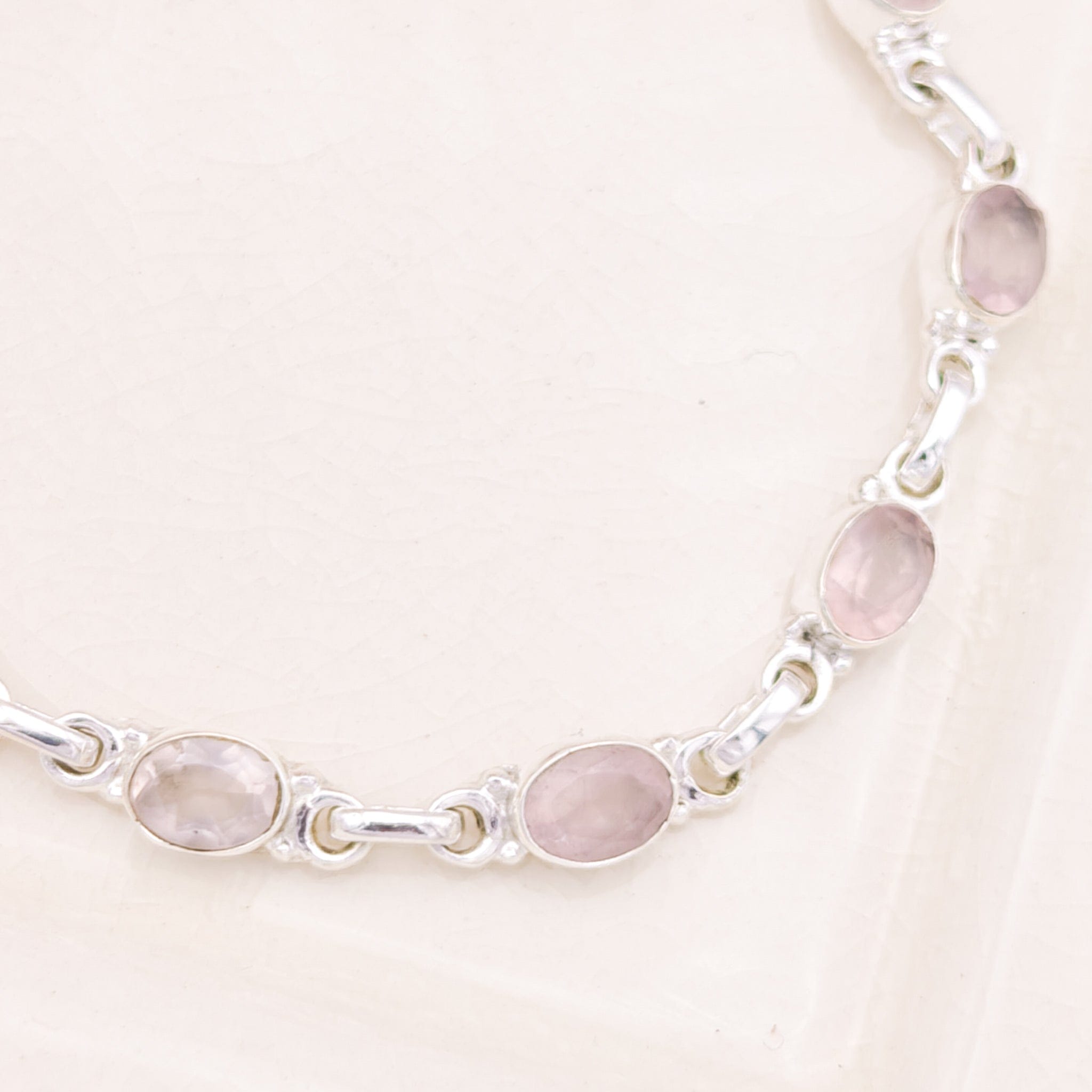 Hepburn and Hughes Rose Quartz Gemstone Bracelet | 7 Oval Gemstones | January Birthstone | Sterling Silver