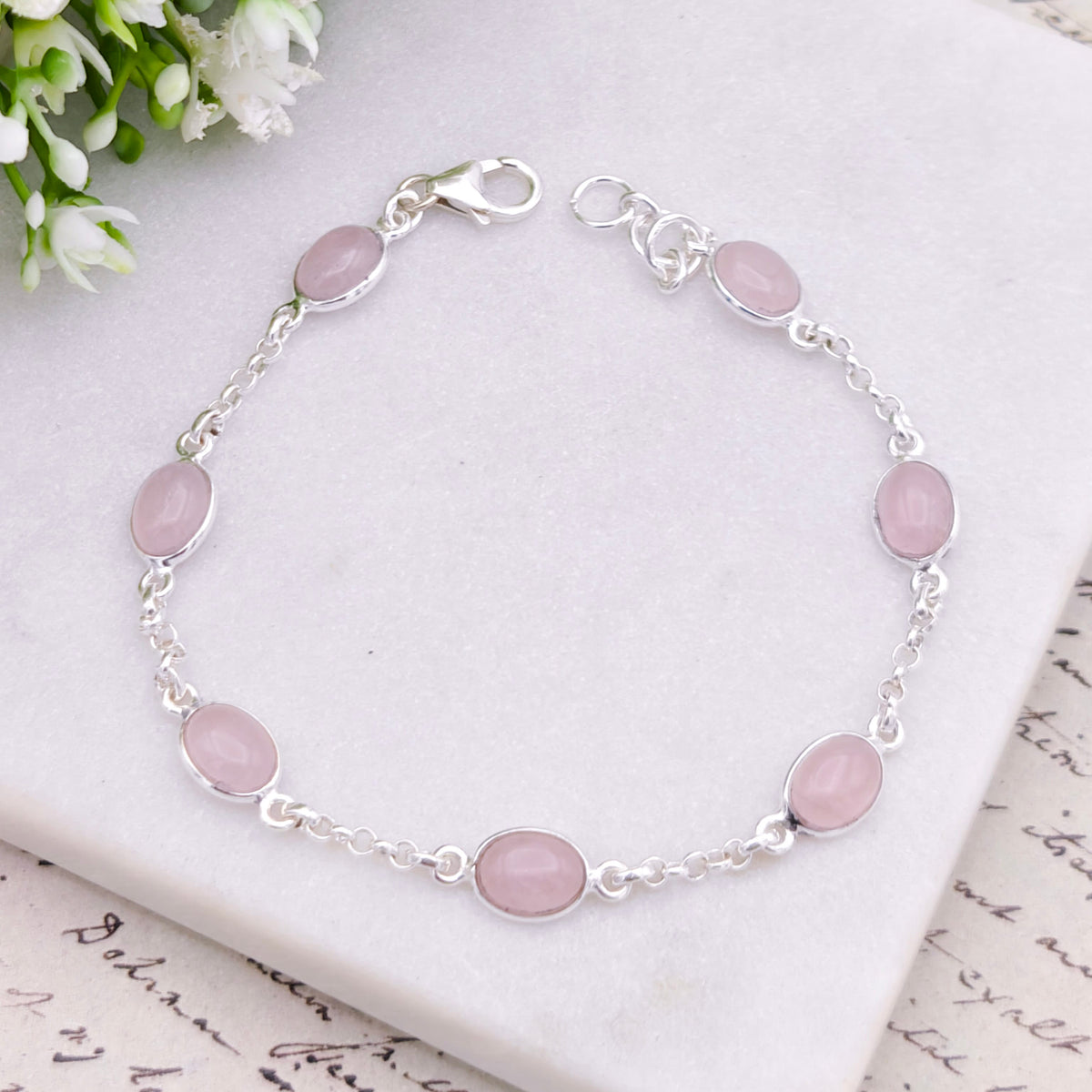 Hepburn and Hughes Rose Quartz Gemstone Bracelet | 7 Oval Gemstones | January Birthstone | Sterling Silver