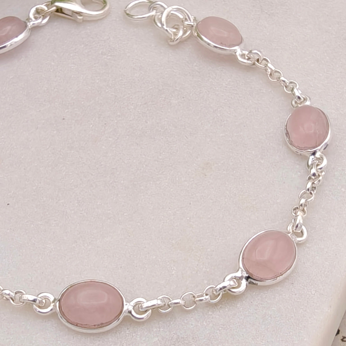 Hepburn and Hughes Rose Quartz Gemstone Bracelet | 7 Oval Gemstones | January Birthstone | Sterling Silver