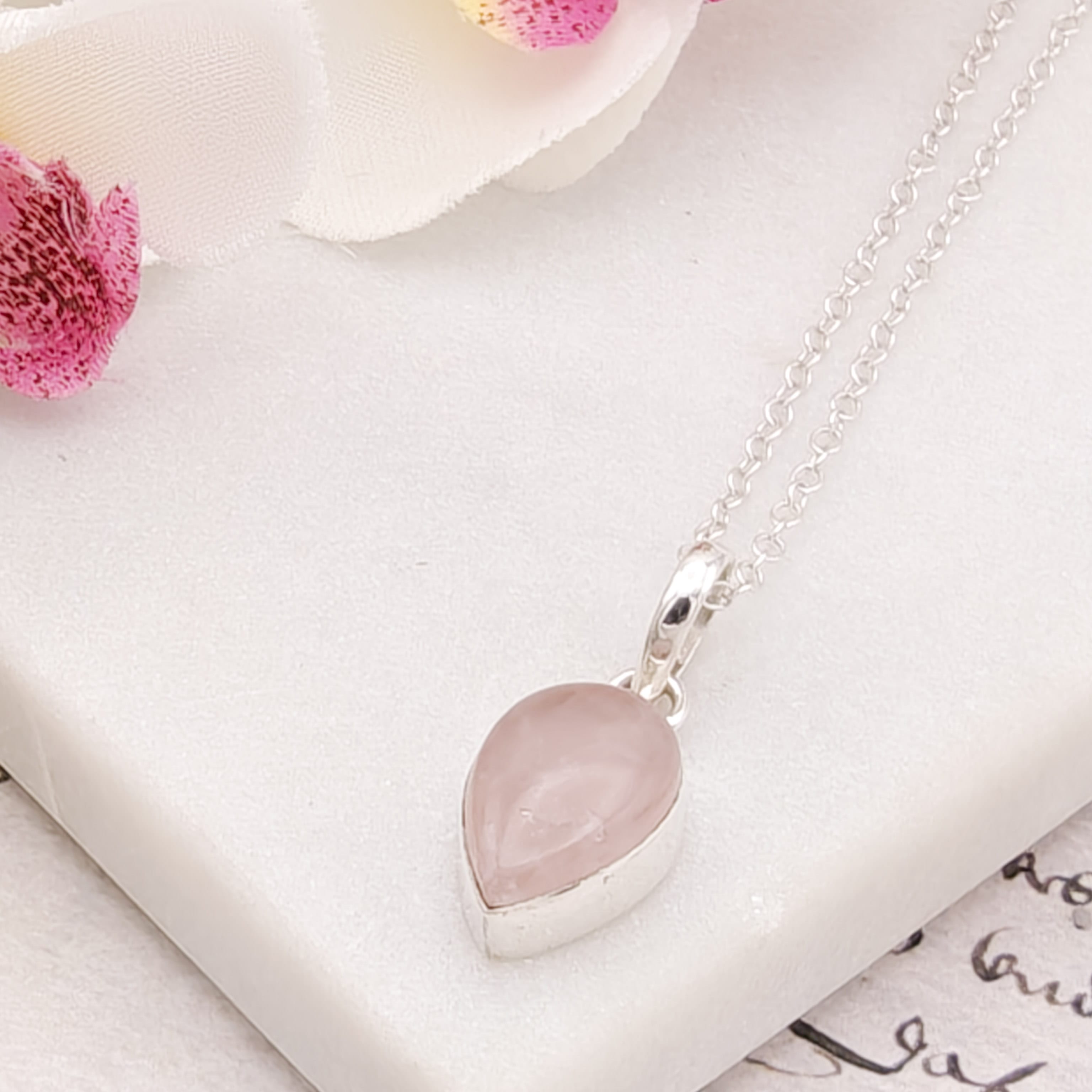 Hepburn and Hughes Rose Quartz Pendant | 15mm Teardrop | January Gift | Sterling Silver