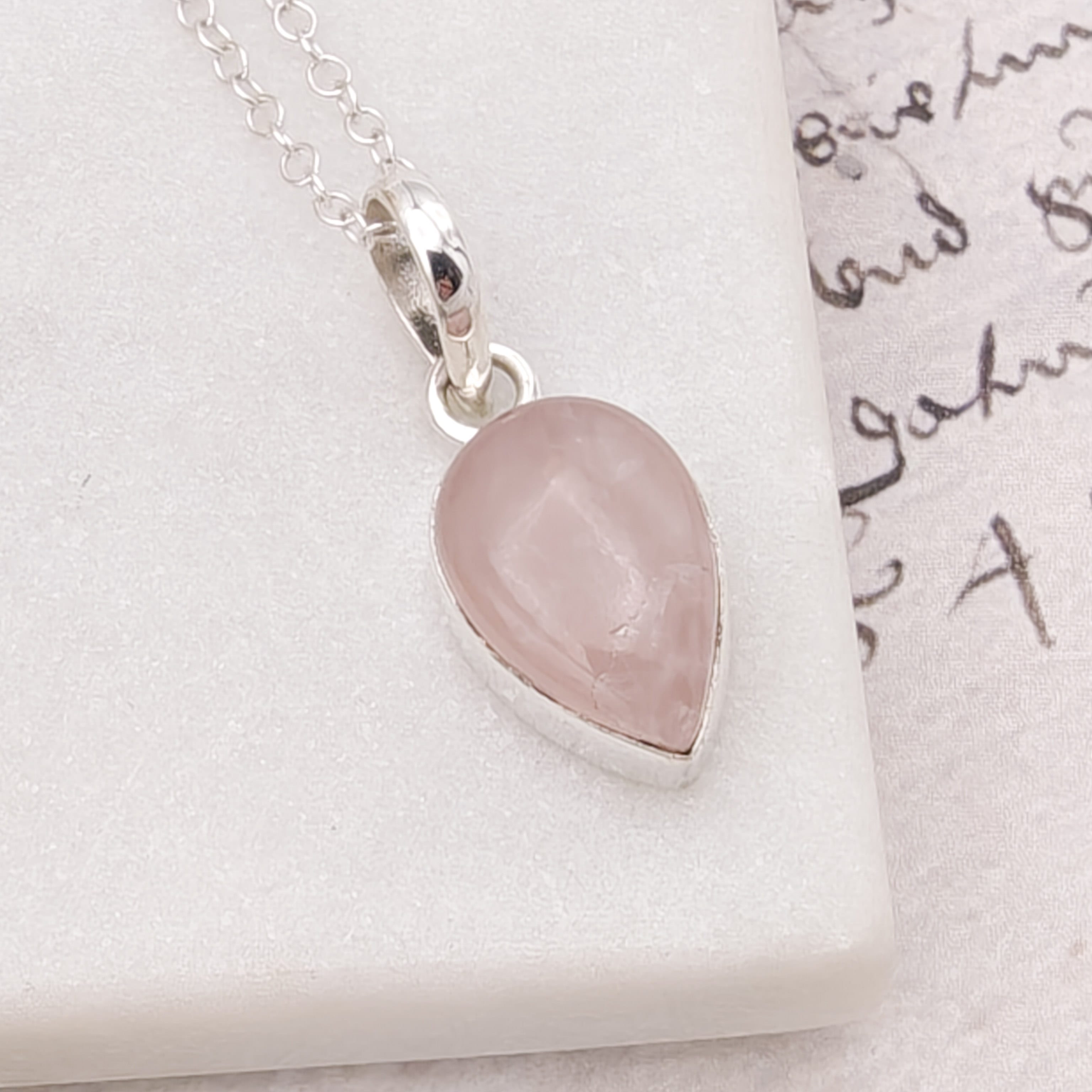 Hepburn and Hughes Rose Quartz Pendant | 15mm Teardrop | January Gift | Sterling Silver