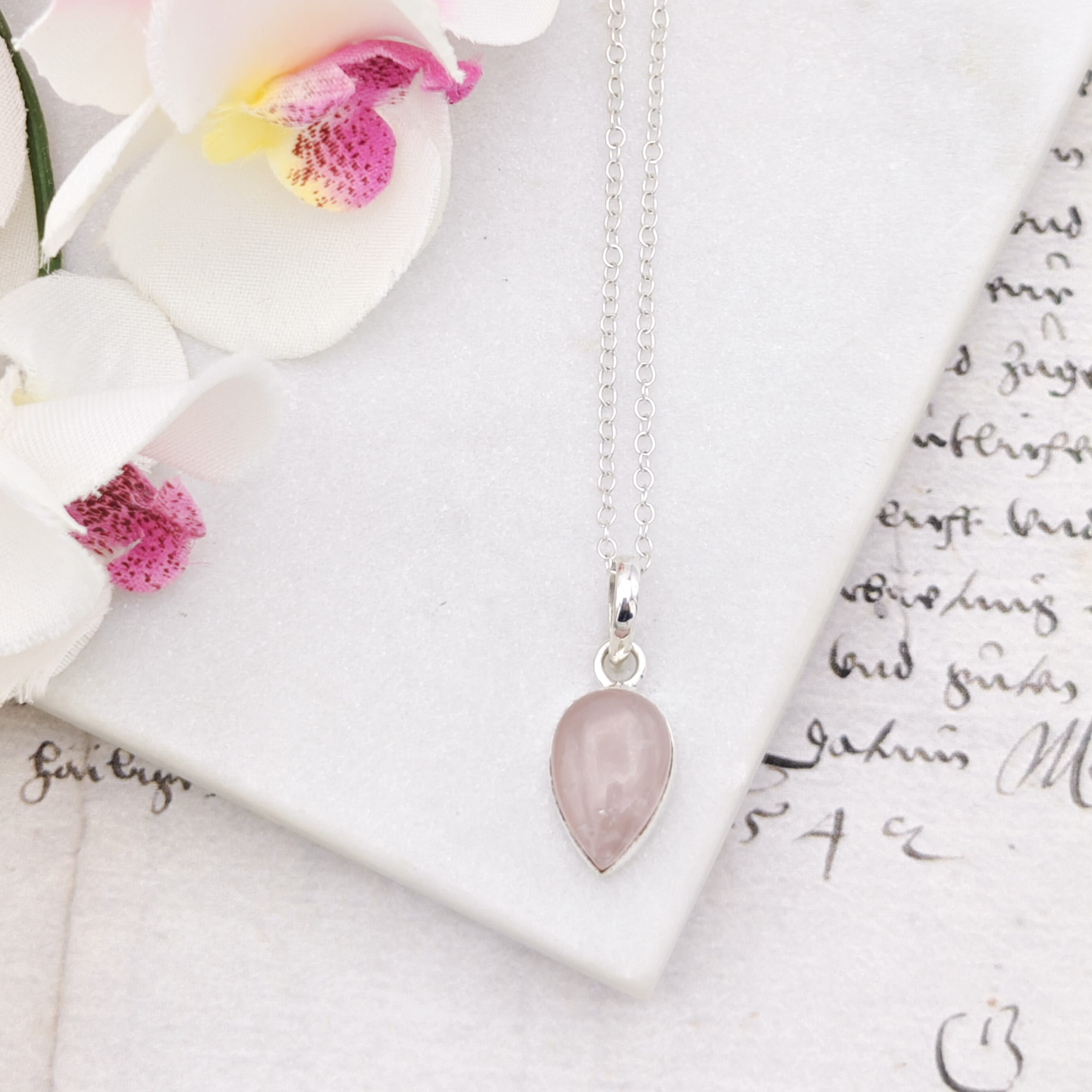 Hepburn and Hughes Rose Quartz Pendant | 15mm Teardrop | January Gift | Sterling Silver