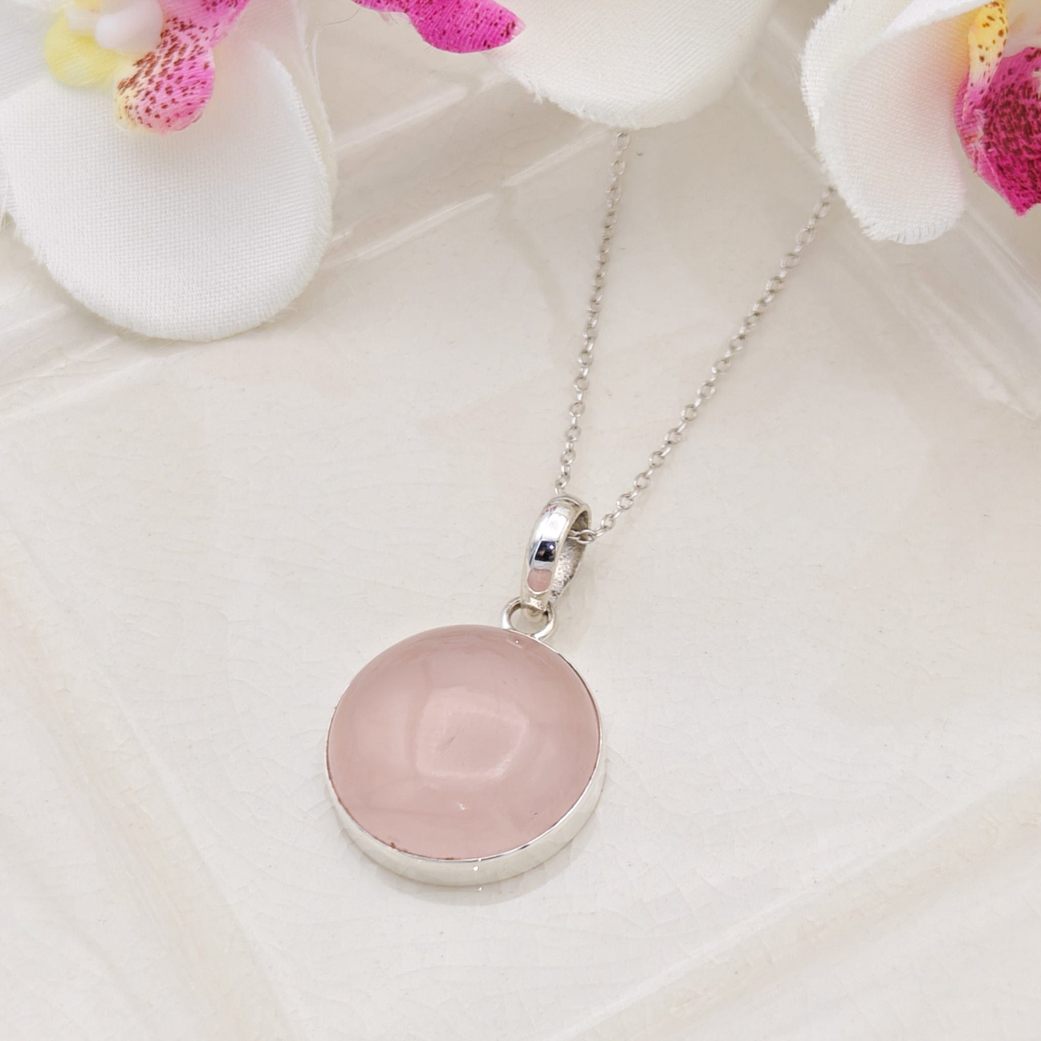 Hepburn and Hughes Rose Quartz Pendant | 20mm Circular | January Birthstone | Sterling Silver