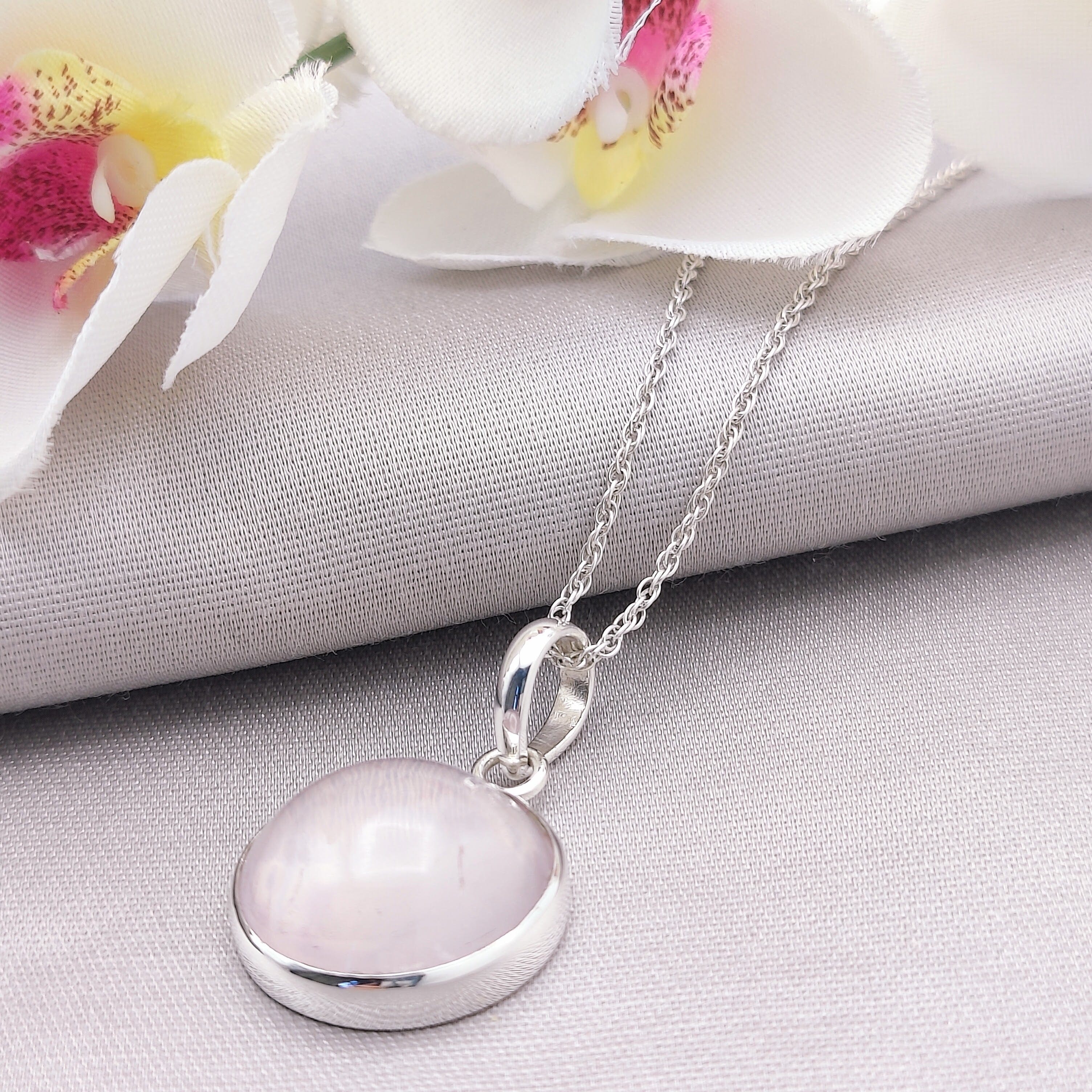 Hepburn and Hughes Rose Quartz Pendant | Circular | January Birthstone | Sterling Silver