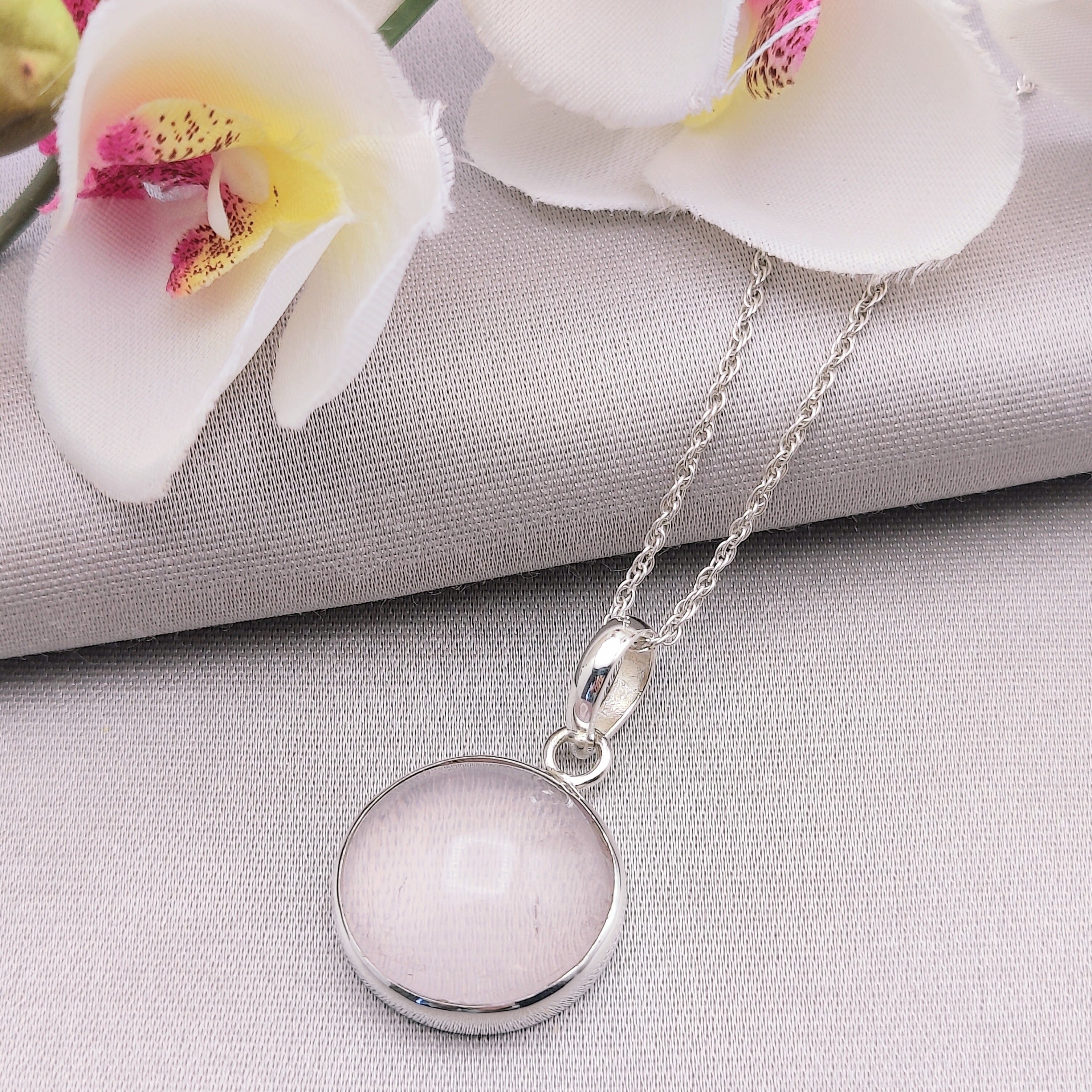 Hepburn and Hughes Rose Quartz Pendant | Circular | January Birthstone | Sterling Silver