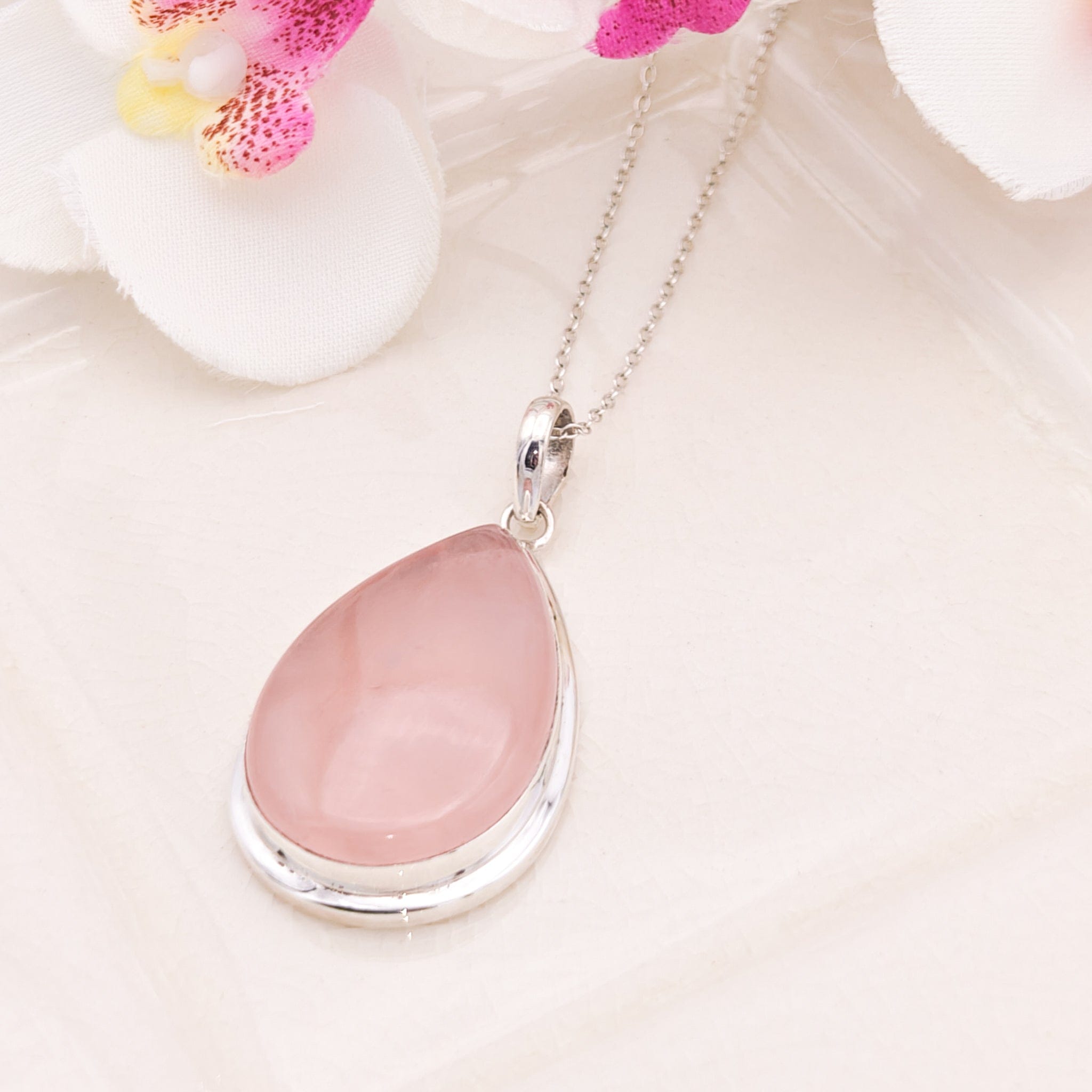 Hepburn and Hughes Rose Quartz Pendant | January Birthstone | 30mm Teardrop | Sterling Silver