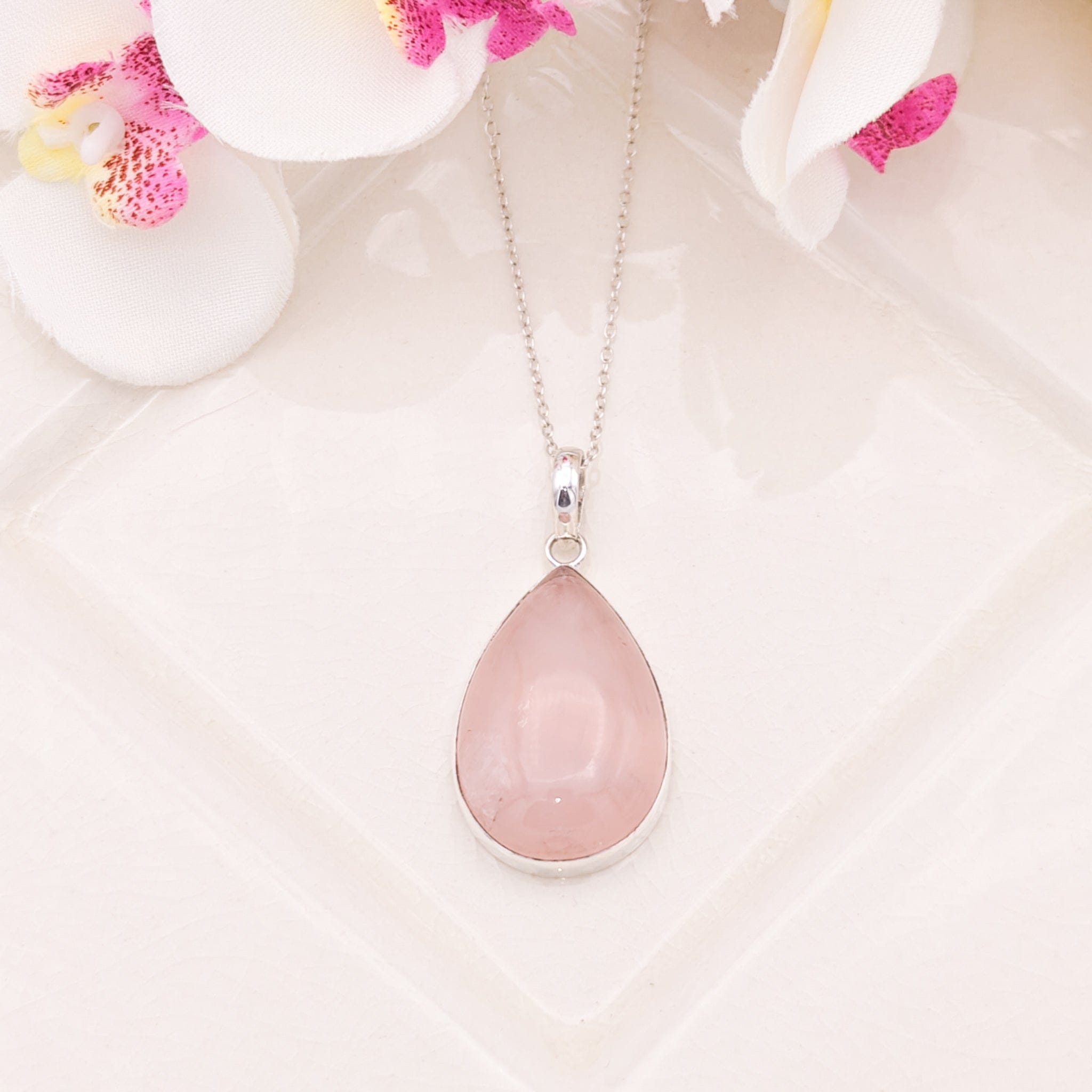 Hepburn and Hughes Rose Quartz Pendant | January Birthstone | 30mm Teardrop | Sterling Silver