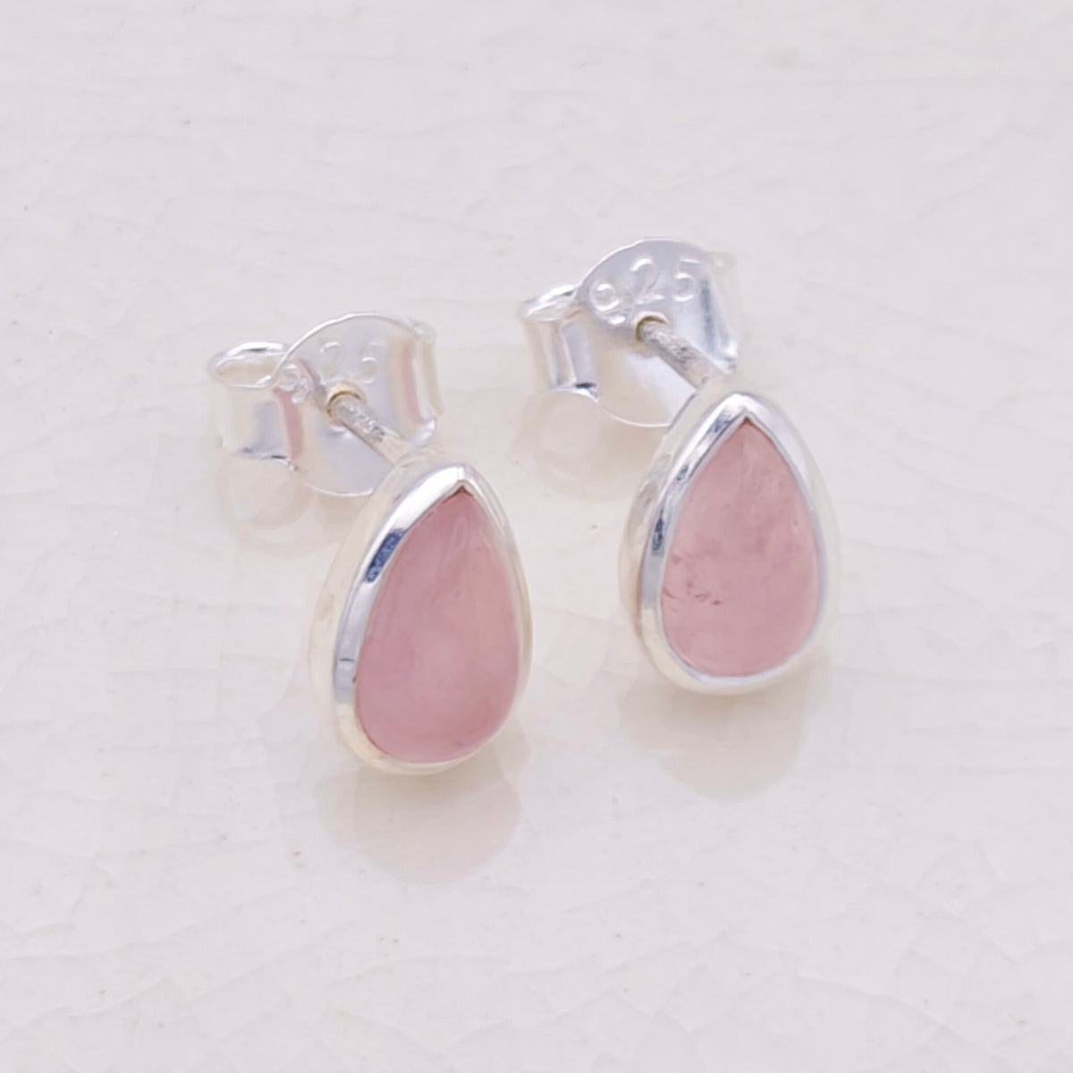 Hepburn and Hughes Rose Quartz Stud Earrings in Sterling Silver | Three Shape Options | January Birthstone