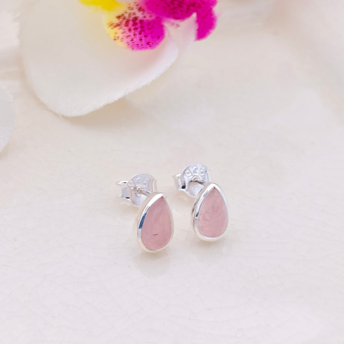 Hepburn and Hughes Rose Quartz Stud Earrings in Sterling Silver | Three Shape Options | January Birthstone