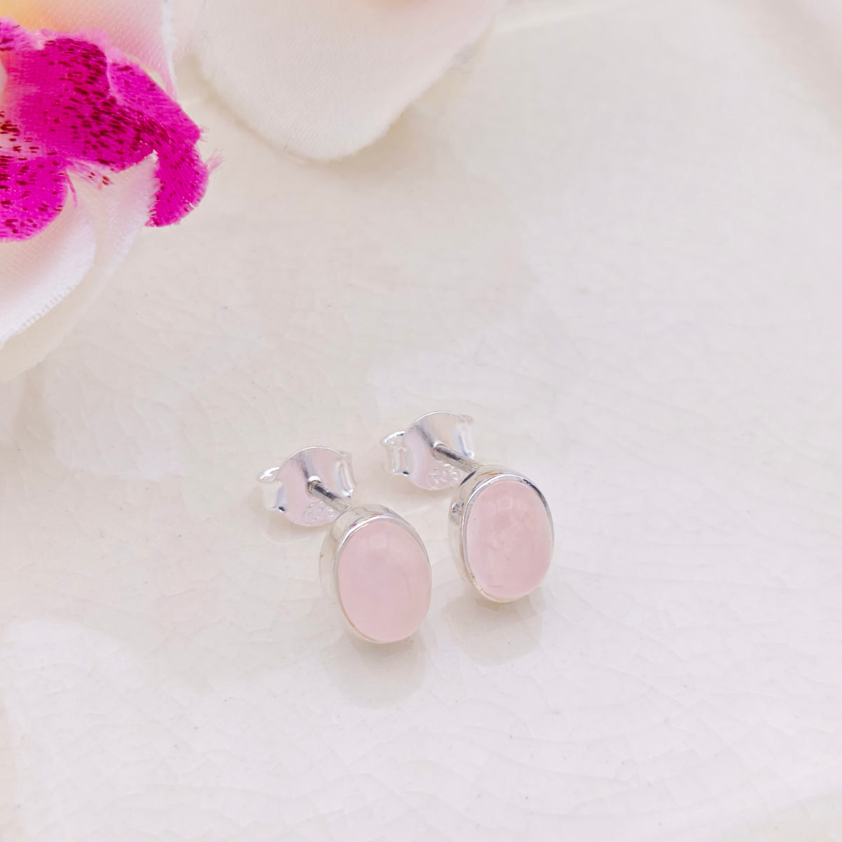Hepburn and Hughes Rose Quartz Stud Earrings in Sterling Silver | Three Shape Options | January Birthstone